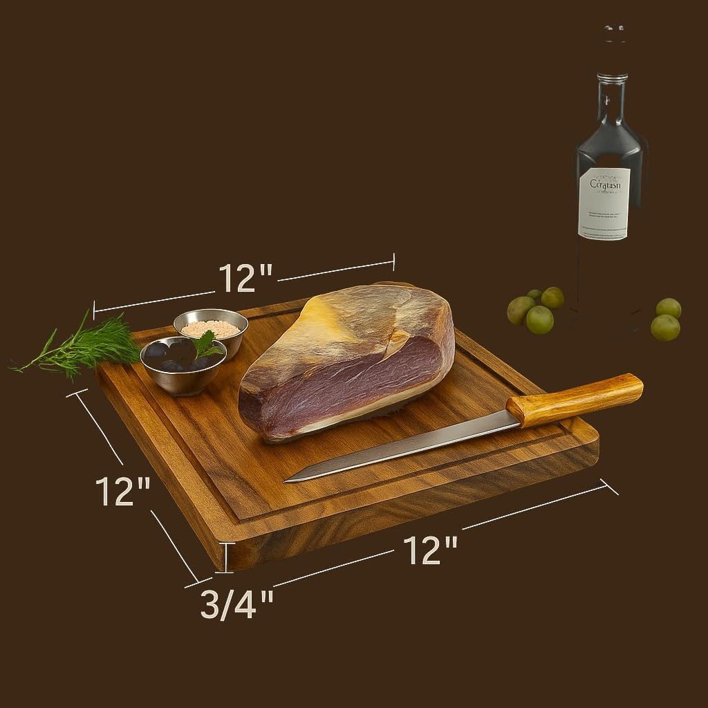 Acacia Wood Steak Plates, Square 12" x 12", Set of 2 Durable Joint Free, Cutting and Serving Board Displaying Continuous Grains of Solid Wood, Perfect for Steak Dinner, with Juice Groove