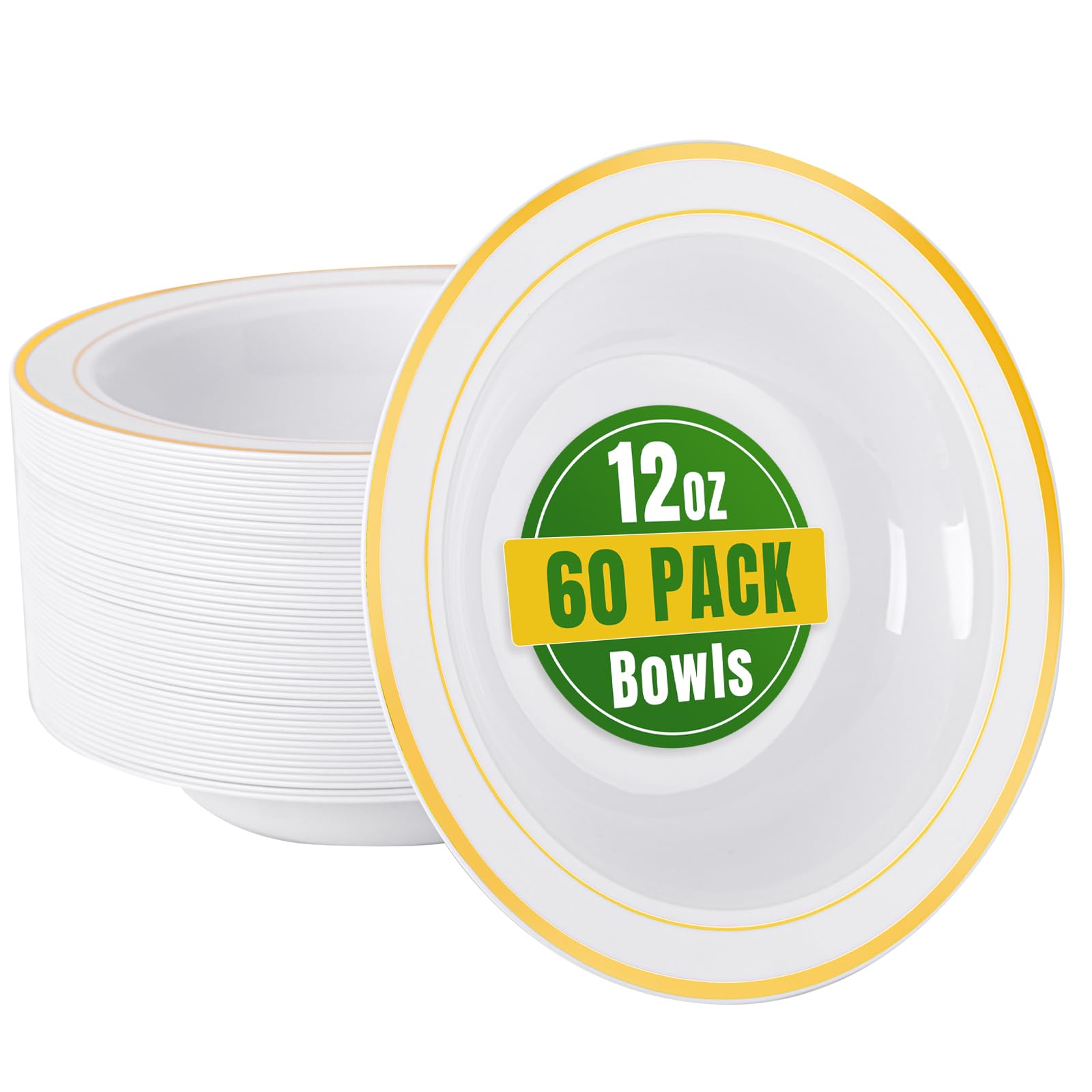 bUCLA 60 Pack Plastic Bowls with Gold Rim - 12 oz Plastic Soup Bowls Disposable for Wedding, Party, Gathering & Thanksgiving