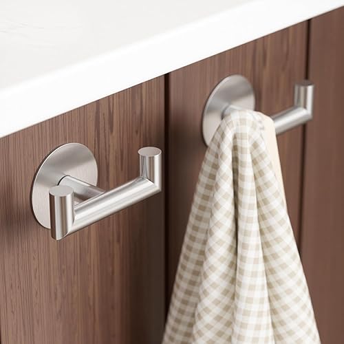 Miniatura 7 de Paquete de 2 ganchos de baño de níquel cepillado para toallas, ganchos dobles autoadhesivos para pared, sin taladrar, acero inoxidable 304, sujeción
