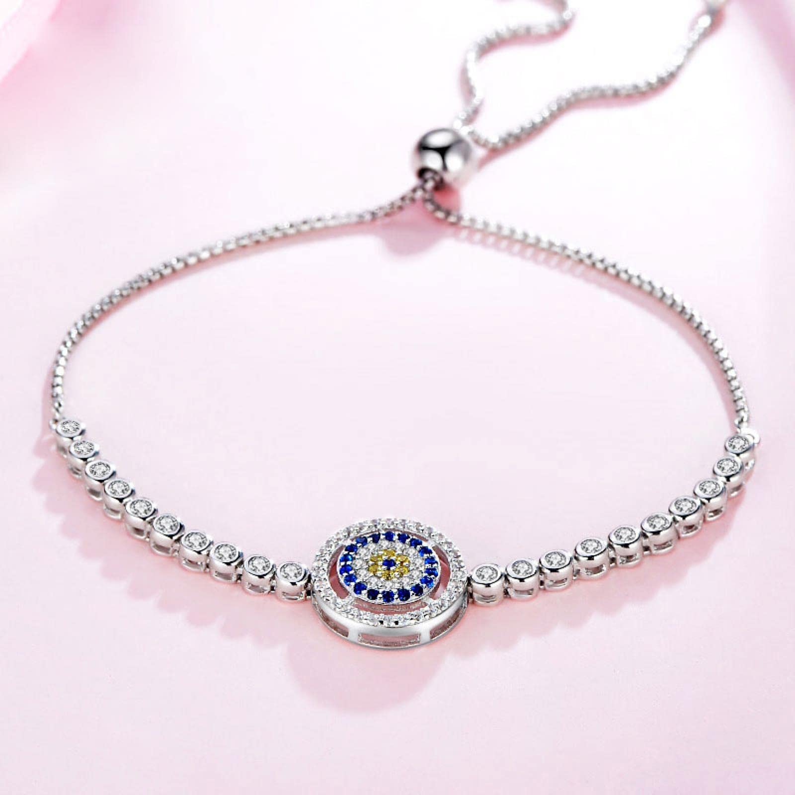 Auténtica Pulsera De Plata 925 Cuentas Ajustables Mal De Ojo Azul Cz Pulseras De Tenis para Mujeres Hombres Joyería De Amistad