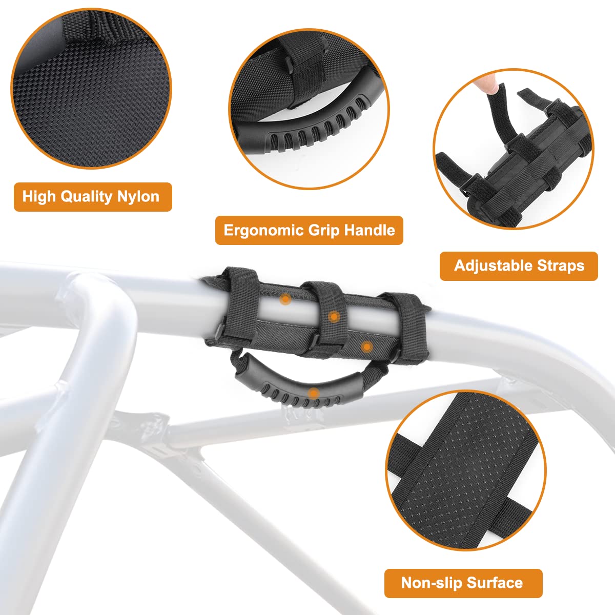 Paquete de 2 asas de agarre UTV, mango de agarre antideslizante, apto para barra de rollo de 2 a 3 pulgadas, compatible con Polaris RZR Ranger Can Am X3 Kawasaki Pioneer Talon Wildcat