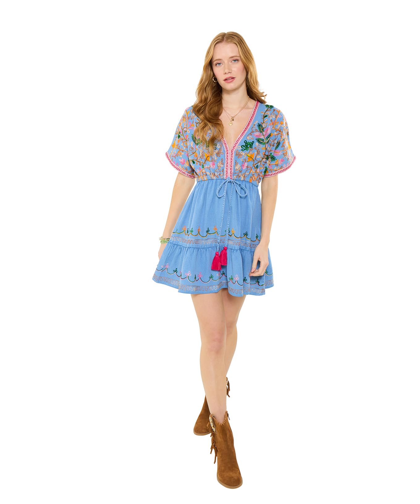 Joe Browns Women's Embroidered Denim Flared Sleeve Tunic Dress, Relaxed, Blue, UK 18