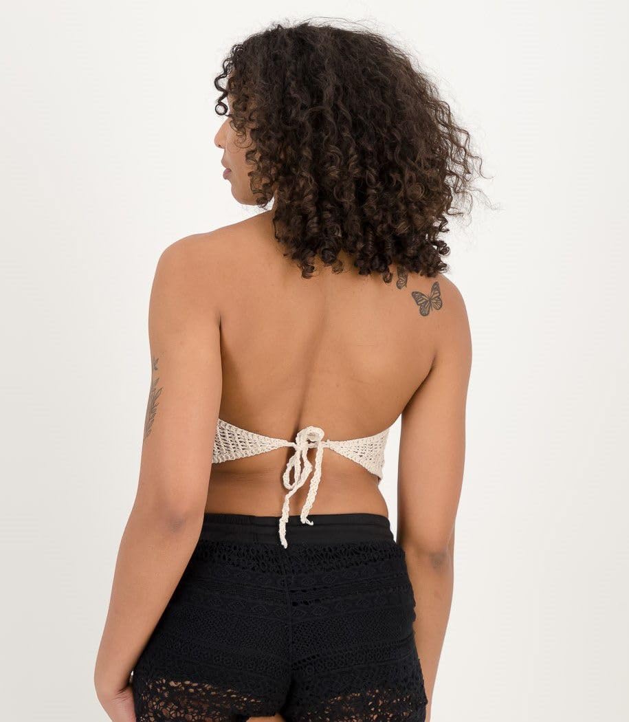 ICW Women’s Crochet Halter Neck Padded Bikini Top | Backless Lace Up Beachwear Bralette Crop Top | XS-S-M | Bust 28-34 Inch | Summer Swimwear
