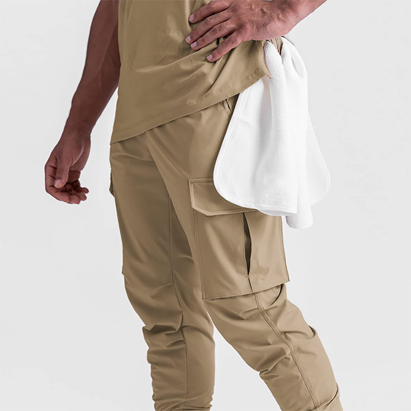 BOOMLEMON Pantaloni da jogging cargo da uomo Pantaloni da allenamento da palestra affusolati Pantaloni sportivi da corsa con tasche con cerniera, Cachi, L