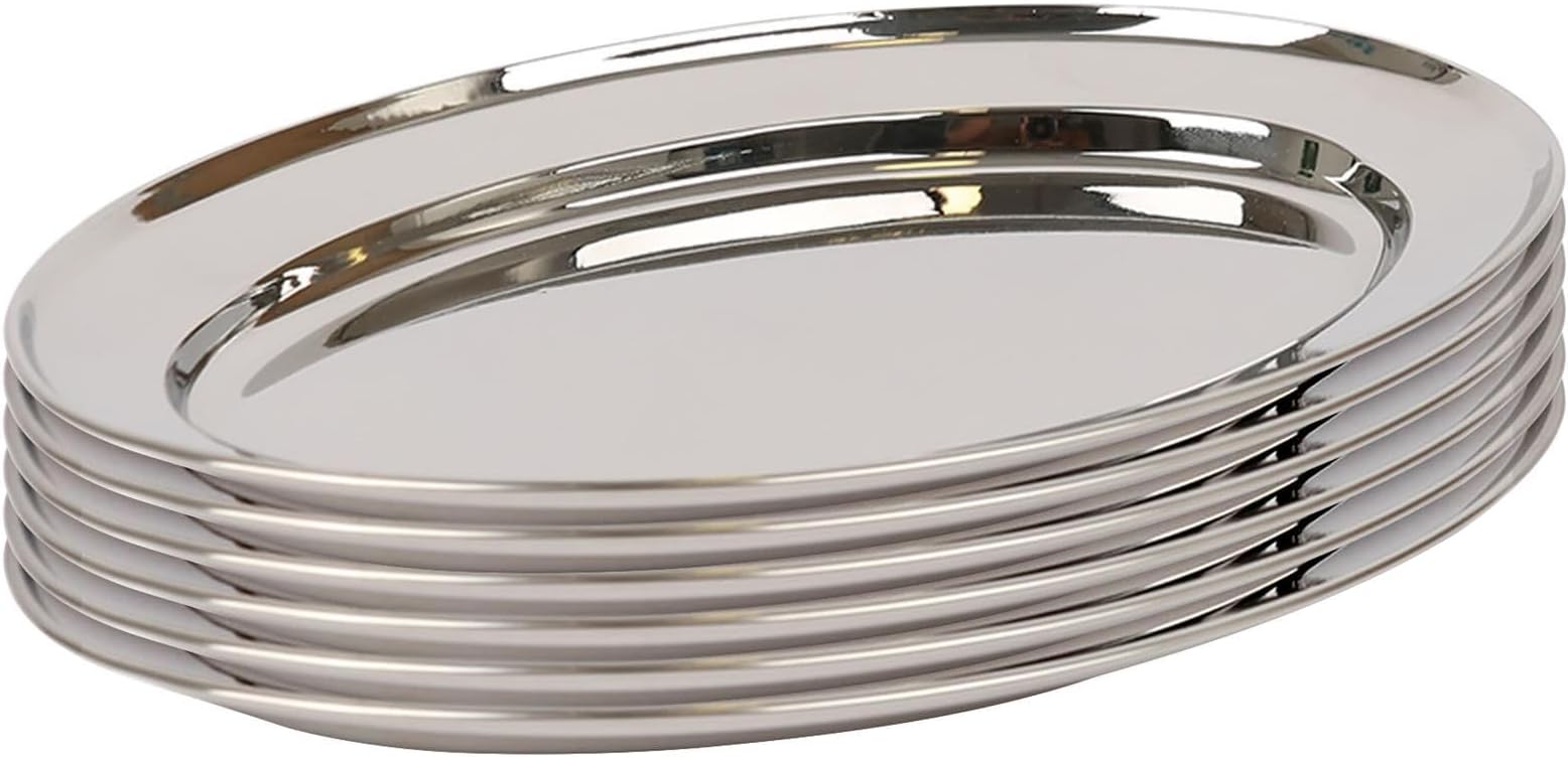 Argon Tableware 25 x 17cm Serving Platters - 6 Pack - Stainless Steel Chrome Dinner Tray Oval Plate Small Appetizer Serving Dishes for Party, Events, Table Service, Snack Platters