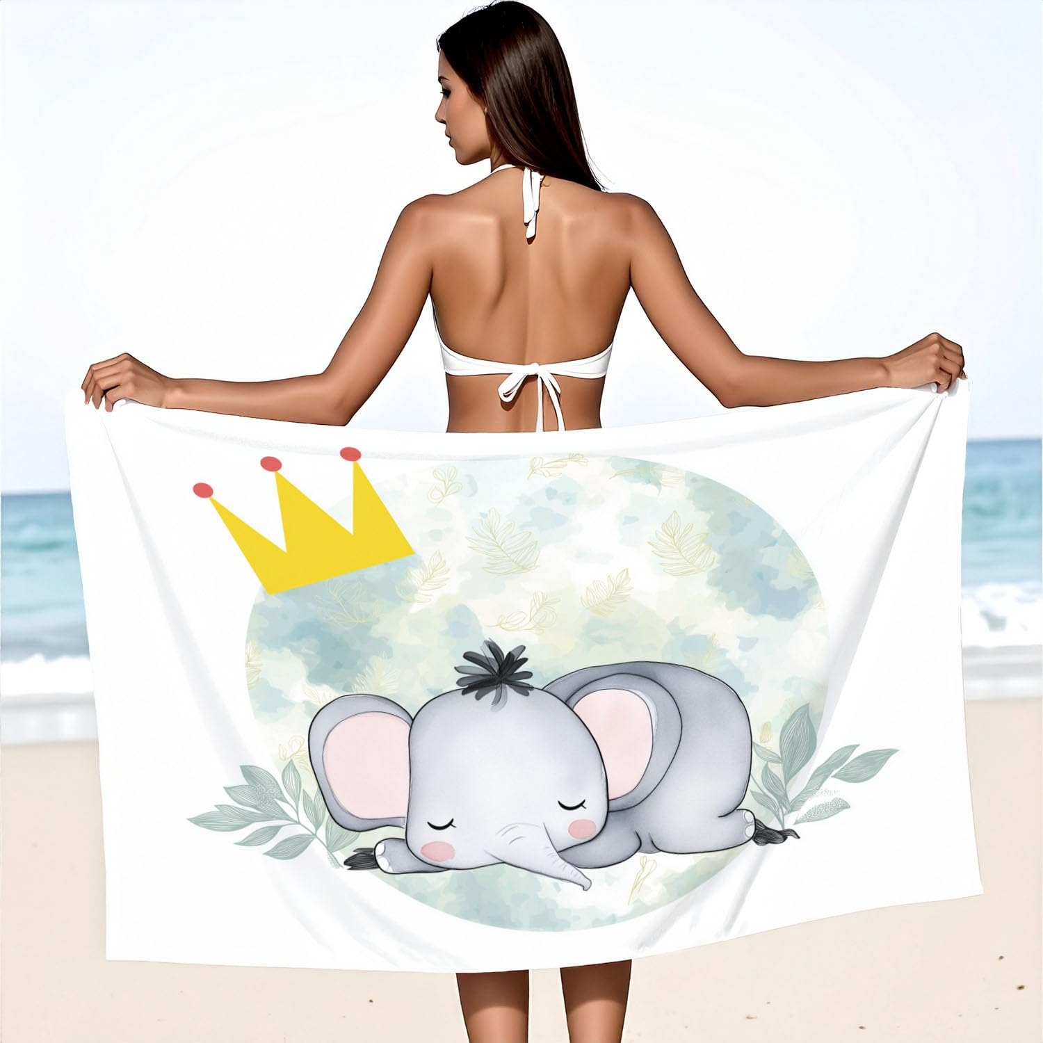 Serviettes de Plage 180 x 100 CM Serviette Bain Microfibre Mer Bébé Éléphant, Couronne, Aquarelle Artistique Drap de Plage Nordique, Onirique, Aquarelle, Doux,pour Bord de mer,Voyages,Sauna,Piscine