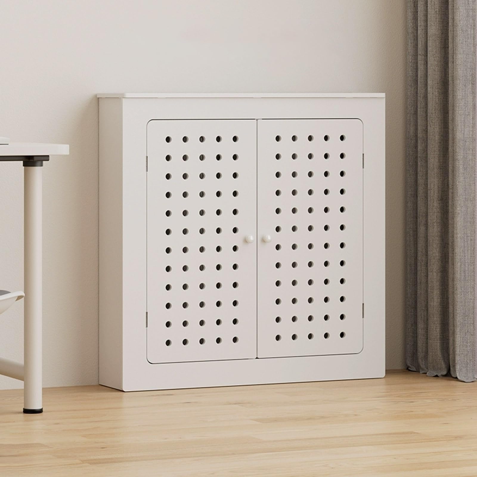 Nowoczesna osłona grzejnika MDF z drzwiami, półka grzewcza i żaluzjowy grill, półka lamelowa do domu, salonu i sypialni (dł. 100 x wys. 100 x szer. 20 cm)