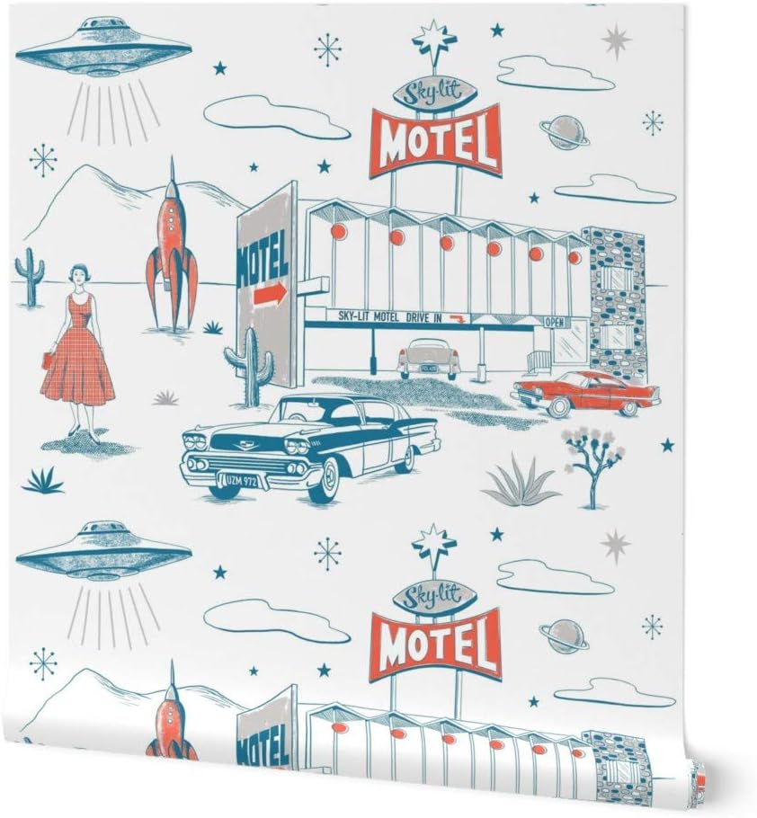 Peel & Stick Wallpaper 3ft x 2ft - Sky Retro Car Mid Century Toile Cactus Atomic Custom Removable Wallpaper by Spoonflower