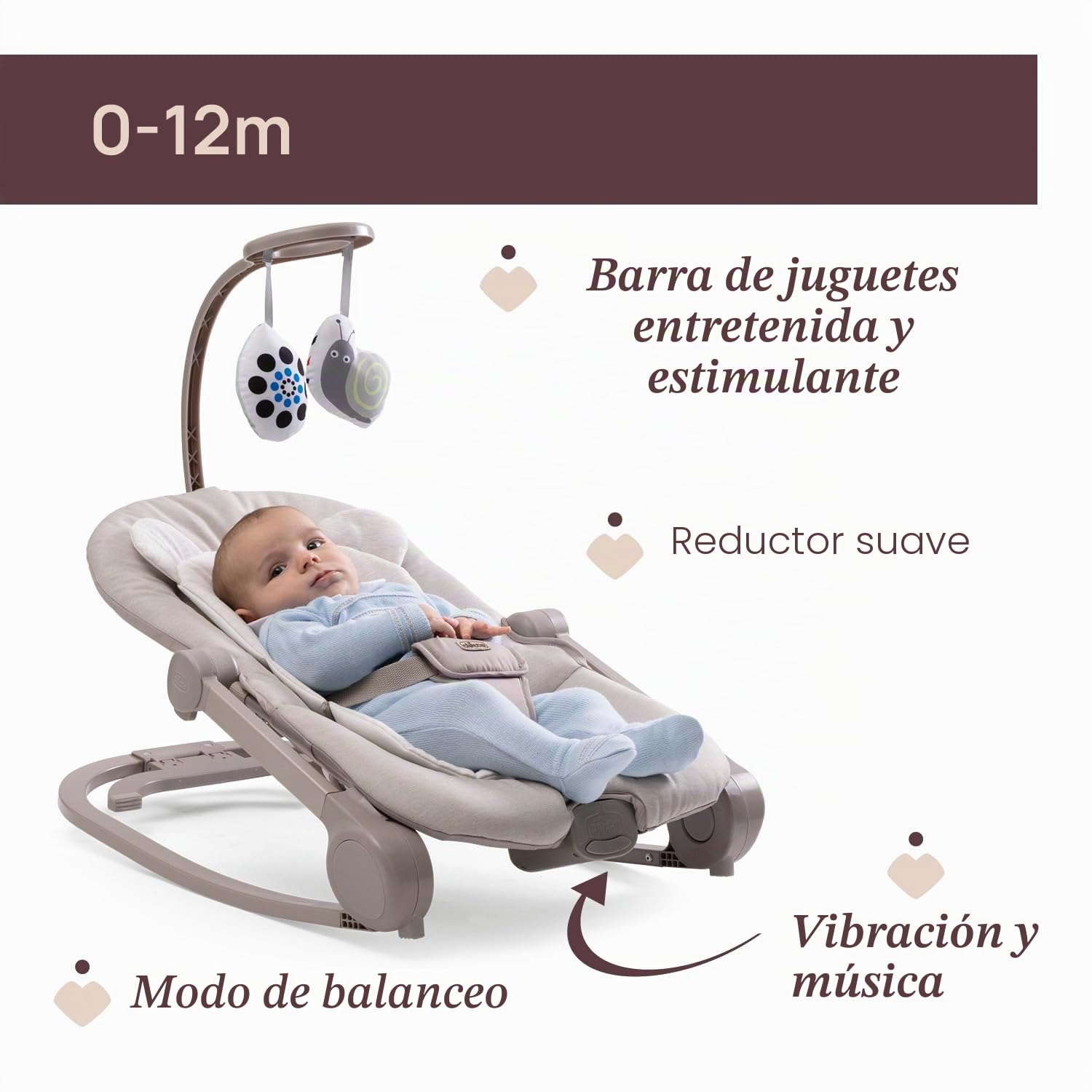 Chicco Silla Mecedora Mia 2 en 1, Hamaca para Recién Nacido y Primera Silla, Reductor de Algodón Orgánico, Barra de Juego Reversible, Música y Vibración, Modo Balancín o Fijo, Desde 0 meses