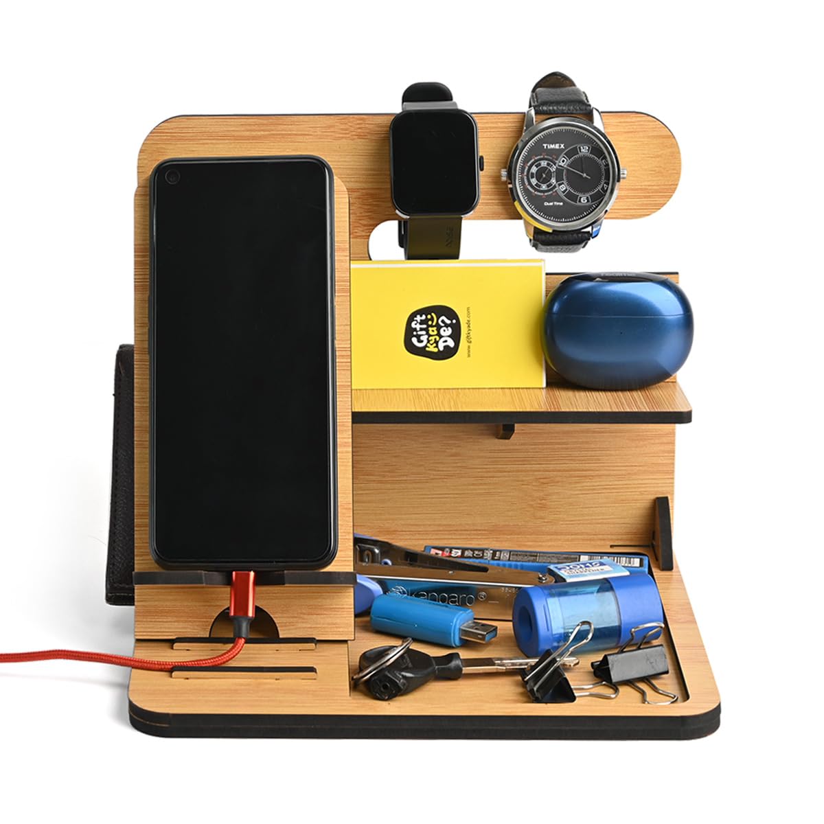 GKD Wooden Desk Organizer & Docking Station 6 in 1 with Mobile Stand | Table Organizer for Office & Home | Gift for Husband, Brother & Him | New Year Gift, Birthday Gift (Bamboo)