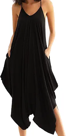 Double Chic Women's Jumpsuit with Pockets V Neck Casual Spaghetti Strap Plus Size One Piece Flowy Harem Rompers