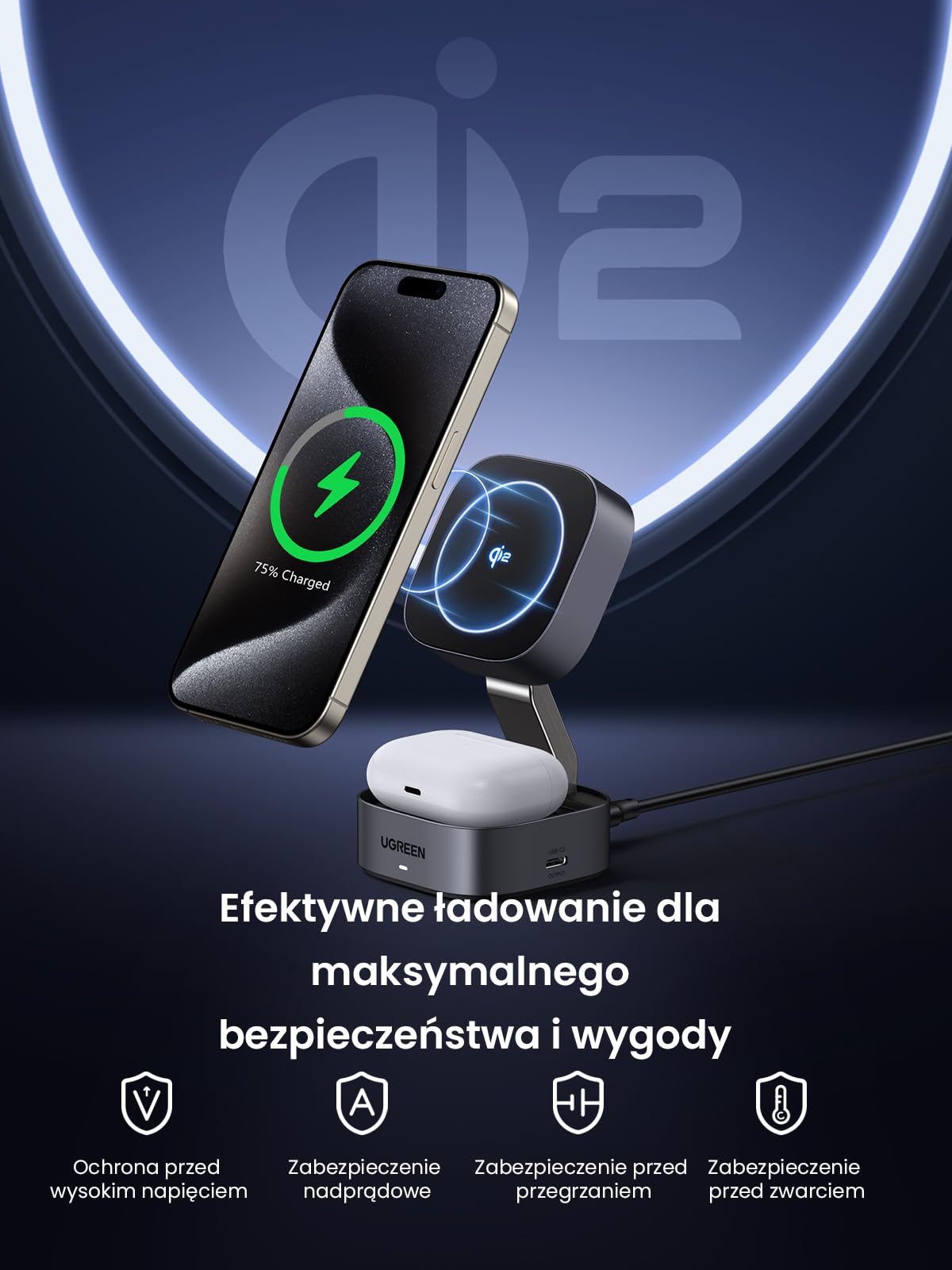 UGREEN MagFlow Qi2 15 W 2-w-1 składana stacja ładująca do iPhone'a z MagSafe | Kompatybilny z MagSafe 17 16 15 14 13 12 Air Plus Pro Max AirPods 4 3 Pro 3 2 1, składana, magnetyczna stacja ładująca