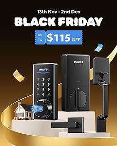 Philips WiFi Smart Keyless Entry Door Lock Deadbolt With Handle Set, Built-in WiFi, App Remote & Voice Control, Fingerprint Smart Lock For Front Door, Touchscreen Keypad Front Door Lock Set, Auto Lock