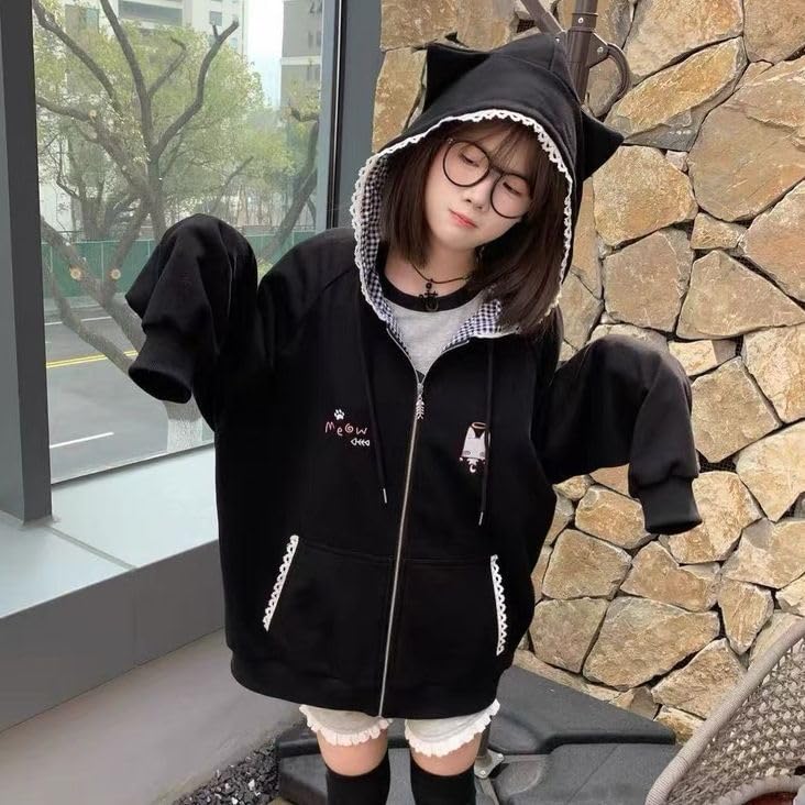 Cute Y2K Kitty Cat Ears Zip Up Hoodie for Women Girls Teen Long Sleeve Kawaii Coat Jacket Clothes Tops3