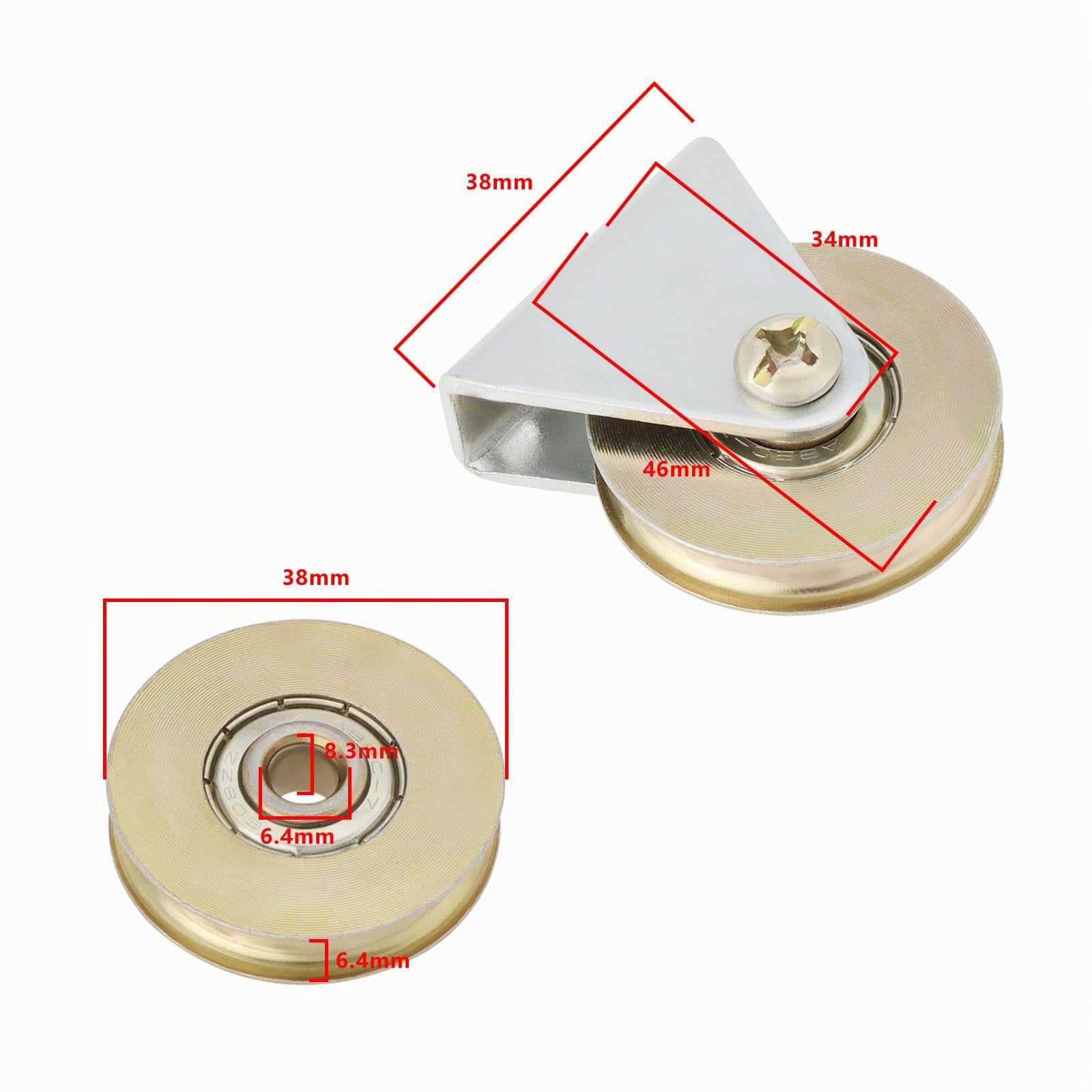 Lot de 2 Poulies à Câble à Rainure en U de 38 Mm Montage Mural Roulement à Billes en Acier pour Portail Coulissant Capacité de Charge de 100 Kg