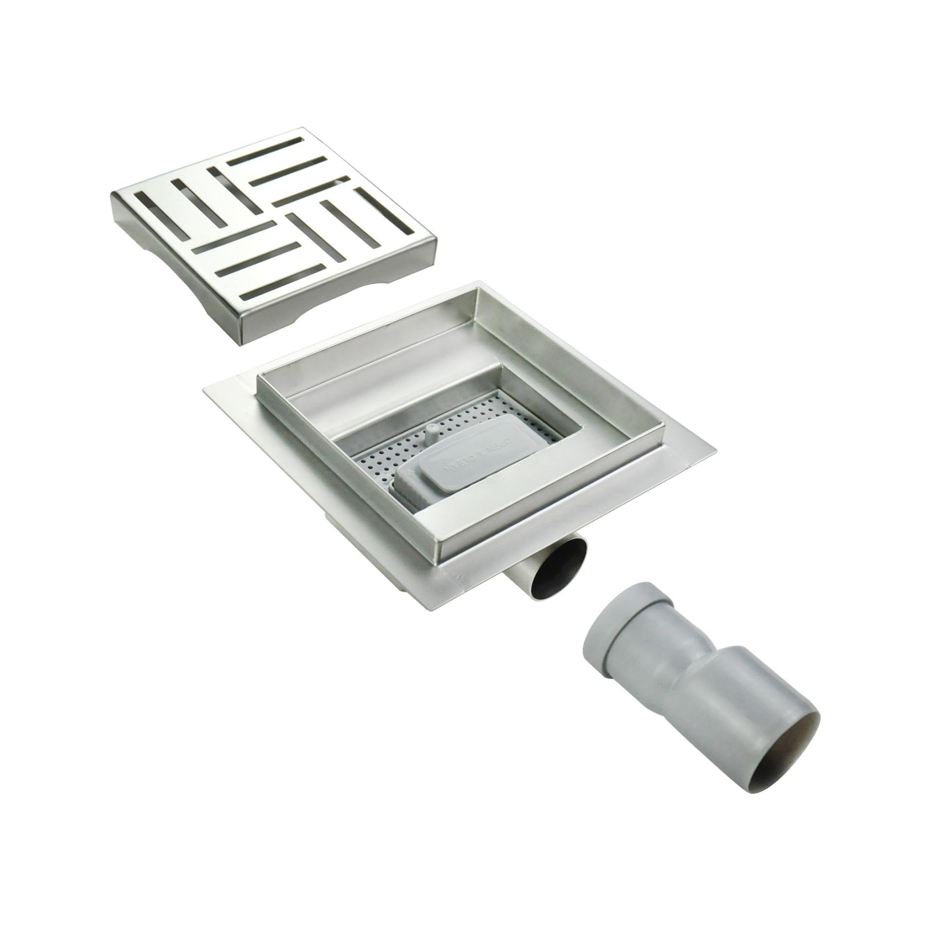 DOMEO Caniveau de douche carré motif quadrillé 12 x 12 cm siphon anti-odeurs, drainage 36l/min, h. réglable