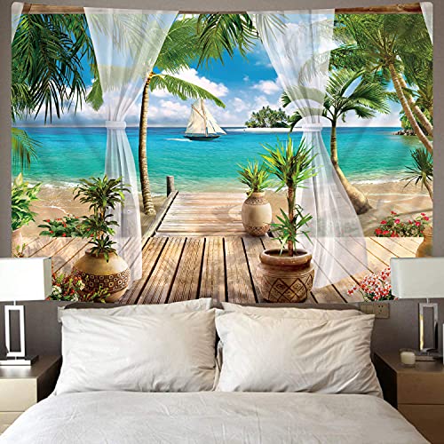 Kyku Beach Tapestry Wall Hanging For Bedroom Beach Decorations For Home Wall Decor Ocean Tapestry For Bedroom Tropical Coastal Hawaii Nature Living Room Dorm Themed (59.1" H X 78.7" W, Multi) #TOP5