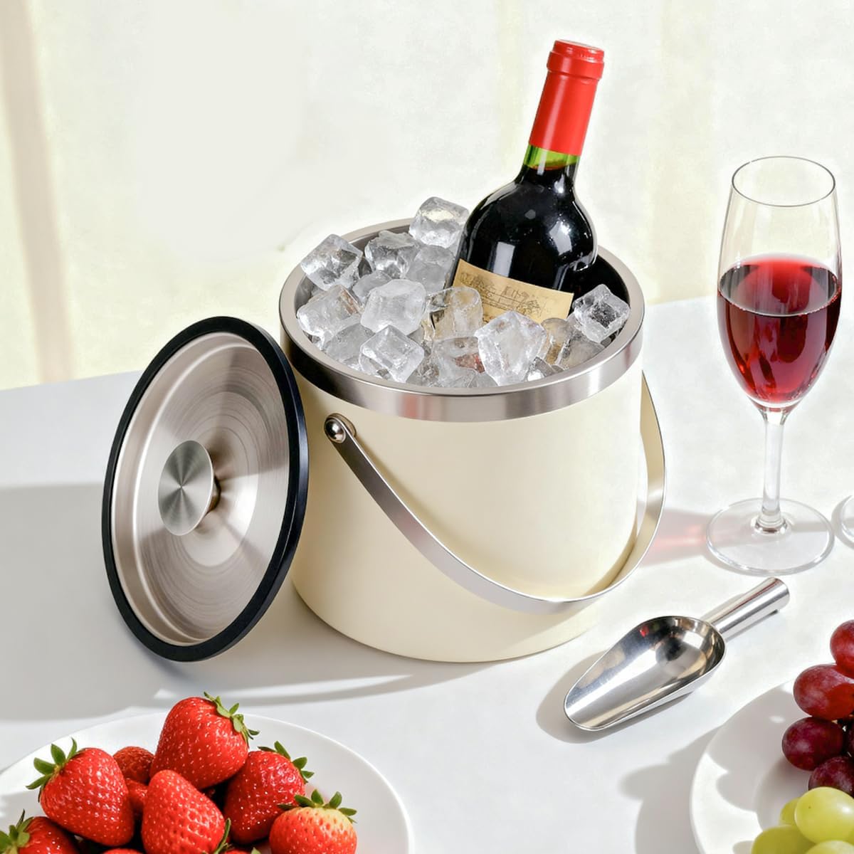 4L beige-white Double Wall Insulated Stainless Steel Ice Bucket with scoop for Cocktail Bar,Metal Ice Bucket for freezer with Lid for parties.ice Container to Keep Ice Colder,bar cart accessories - Image 2