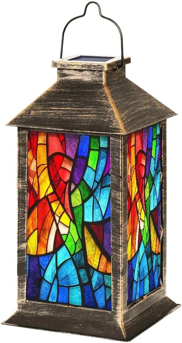 Solar Lantern Vibrant Style Stained Glass Decor Piece Outdoor Garden Hanging Lantern Waterproof Solar Powered Lighting Outside Table Lamp for Patio Deck Yard Camping Beach House Decor, 1 Pack