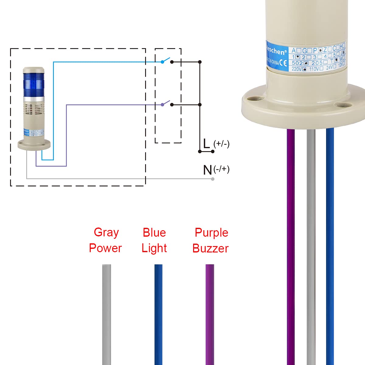 Heschen Lumière de colonne de tour de signal lumineux, 220VAC, Buzzer industriel, Lumière LED bleue, Avertissement d'alarme, Lumière continue