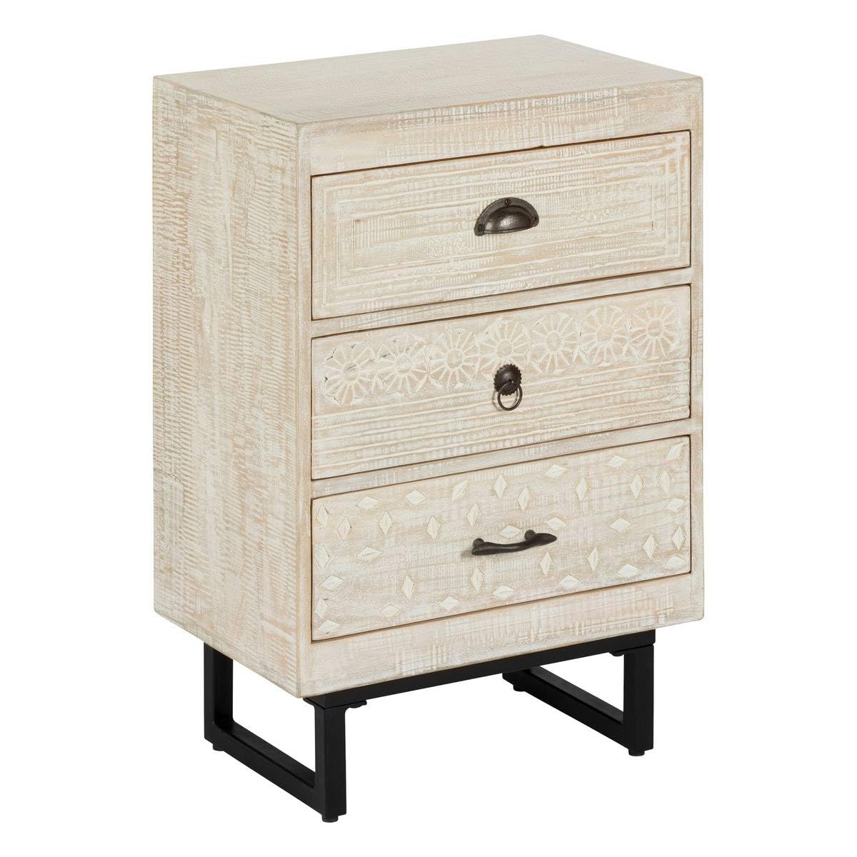 Table d'appoint Table de Chevet 3 Tiroirs en Métal et Bois de Manguier sculpté - Atmosphera