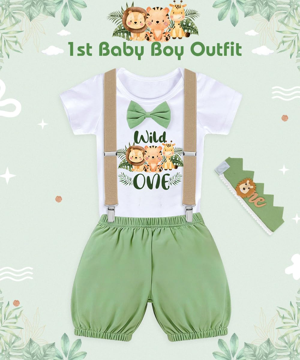 Vestiti Compleanno 1 Anno Bambino, Safari Vestito per Il Primo Compleanno Set con Pagliaccetto, Pantaloncini, Bretelle, Corona Fascia, Wild One Compleanno Outfit per Baby