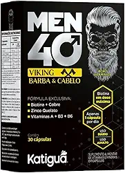 Katiguá Men 40 Viking Barba E Cabelo Com Biotina + Cobre Zinco Quelato Vitamina A + B3 + B6 Sem Sabor Para Homens 30 Cápsulas Rígidas • 30 Doses Preto