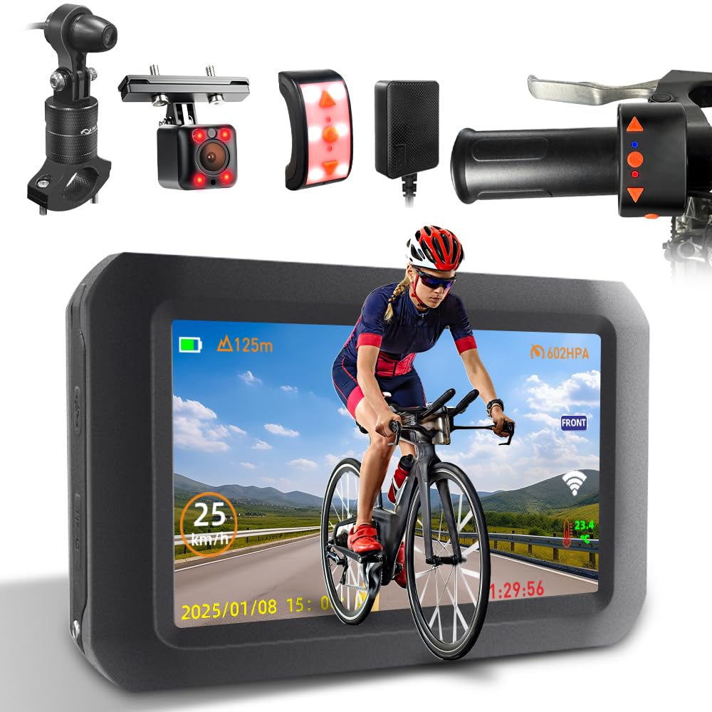 VSYSTO Fahrrad Kamera, WiFi GPS 4 Zoll Bildschirm 1080P Selfie und Hinterkamera Fahrrad Spiegel Dash Kamera, asistierter Fahrmodus, verdrahteter Controller, Temperatur und Kalorienanzeige (F3)