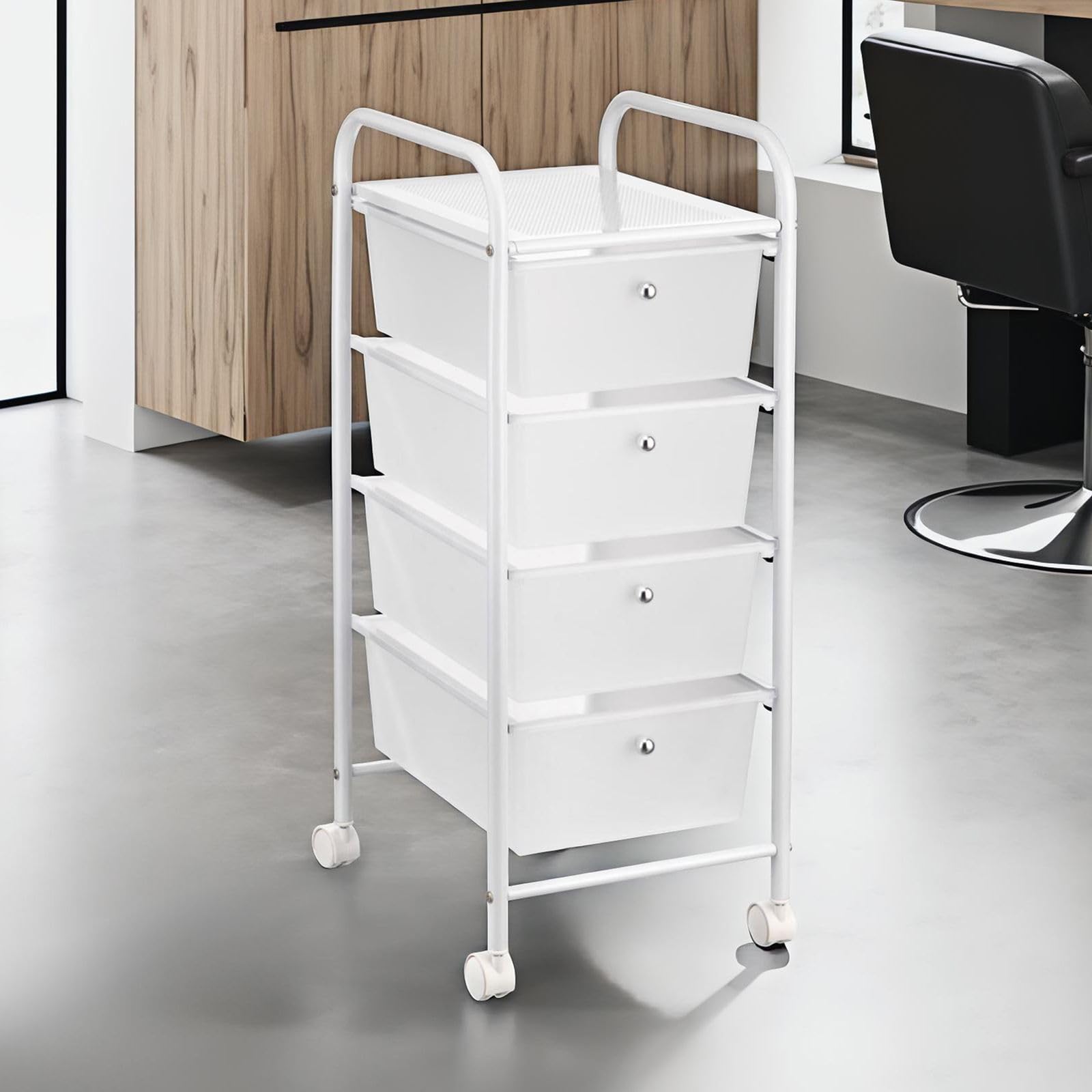 IDIMEX Caisson sur roulettes GINA Chariot avec 4 tiroirs en Plastique Blanc Transparent et 1 étagère, Meuble de Rangement pour Salle de Bain en métal laqué Blanc