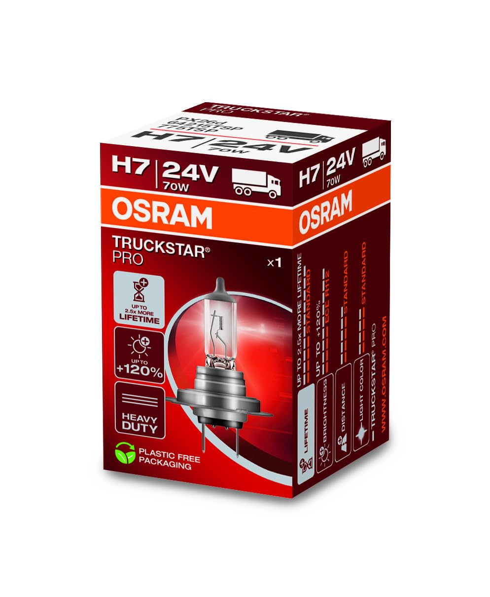 OSRAM TRUCKSTAR PRO H7, +120% jaśniejsze światło, żarówka halogenowa, 64215TSP, 24V żarówka do pojazdów ciężarowych, kartonowe pudełko (1 lampa)