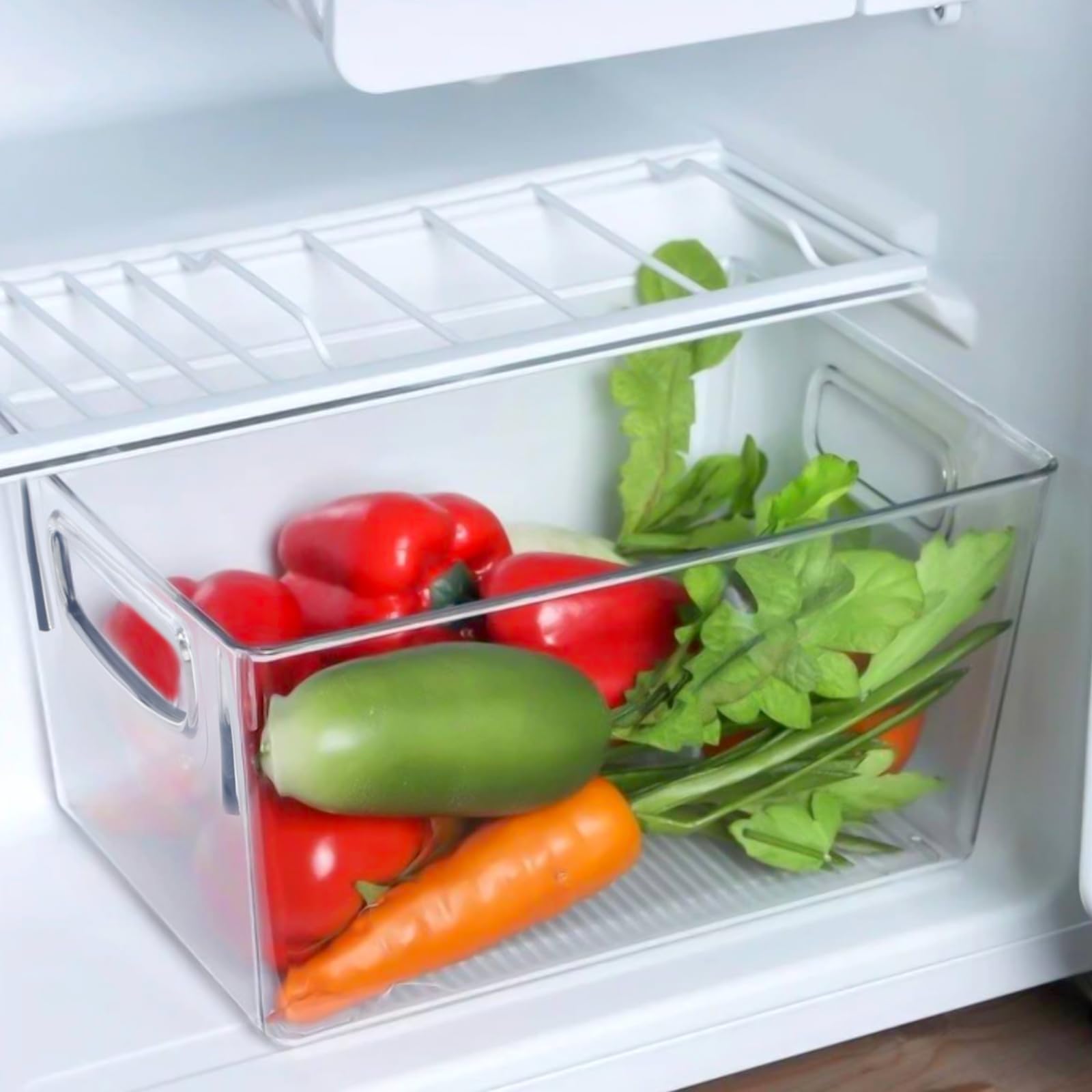 6 Organizadores para Frigorífico Apilables, Transparentes con Asas, 24,8x17,2x14 cm, Cajas de Almacenamiento PET sin BPA para Cocina, Despensa, Congelador y Armarios