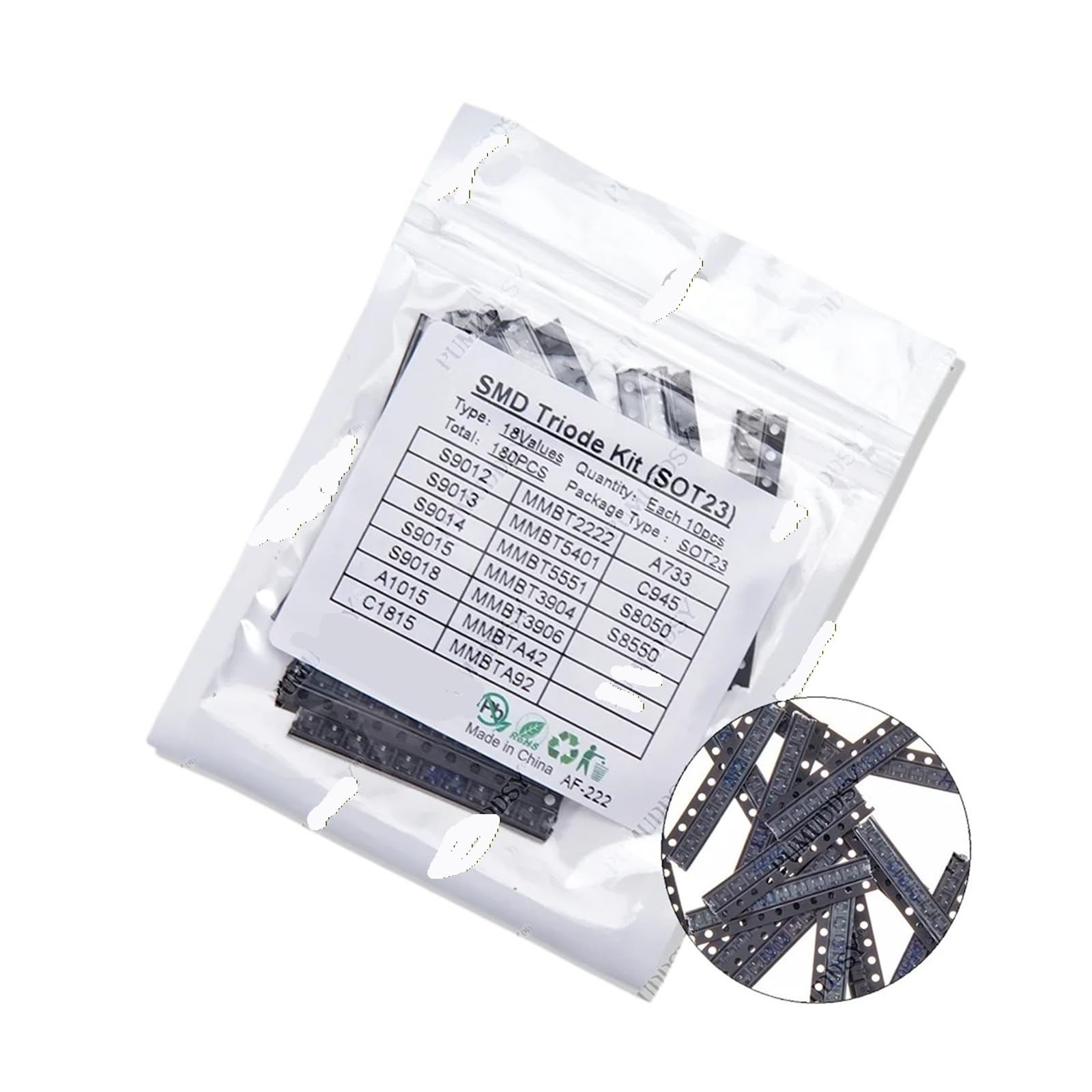 Kit surtido de transistores (sot-23) 18 tipos * 10 piezas = 180 piezas | 2n2222 S9013 S9014 S9015 S9018 S8050 S8550 5551 5401 2n3904 2n3906 C1815