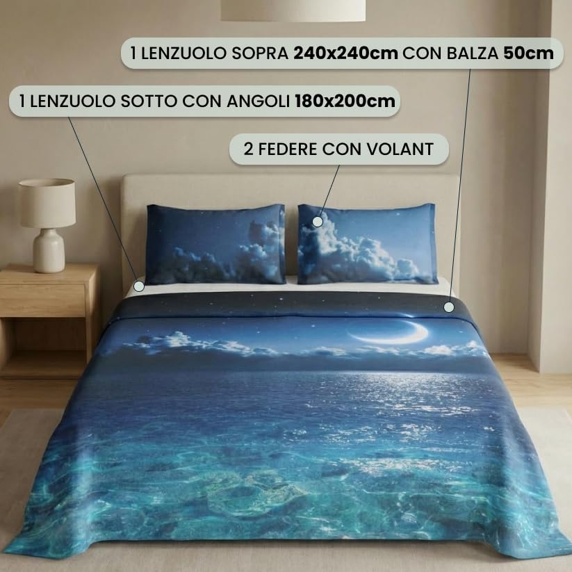 INTRECCI Set Completo Lenzuola Matrimoniali 100% Cotone | Fantasia: Dis.04 Sea Moon | Stampa Digitale di Alta Qualità | Morbido, Traspirante, Per Pelli Sensibili | Resistente in Lavatrice