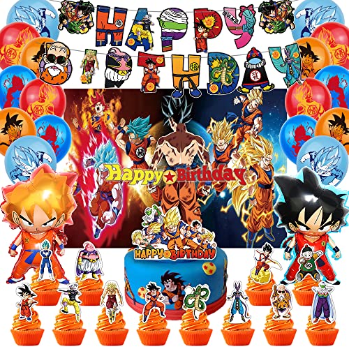 Anime Birthday Party Supplies 47 PCS Birthday Party Favor with Happy Birthday Banner Cake Topper Cupcake Balloons Background