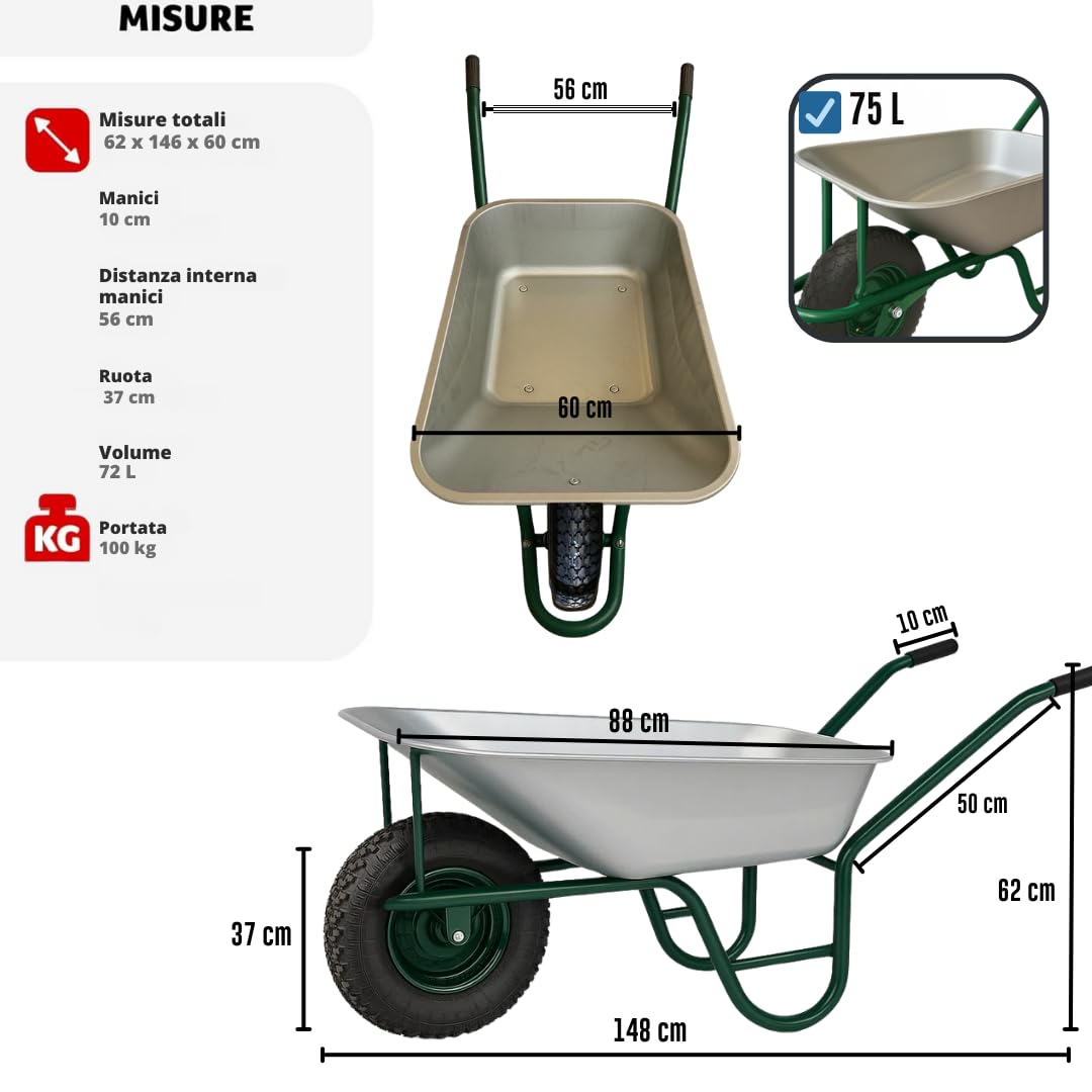 Brouette de Jardin 75L - Cadre en Acier galvanisé, Roue pneumatique 4.00-8 avec Chambre à air, Charge 100 kg - Idéal pour Chantier, pelouse, Ciment