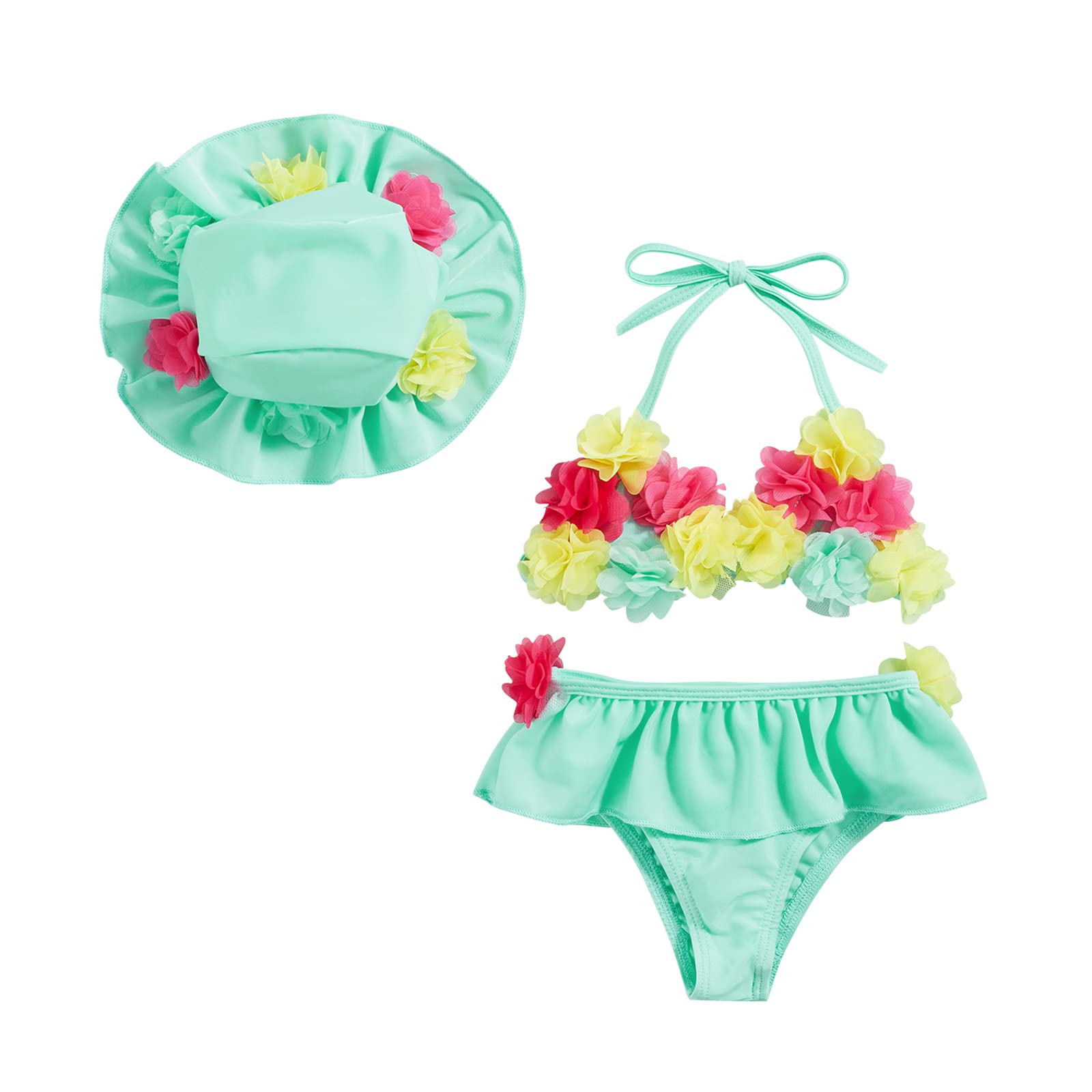 Yccutest Infant Baby Girl Flower Swimsuit 3Pcs Halter Triangle Tops Ruffle Bottoms Sun Hat Bikini Set Bathing Suit Swimwear