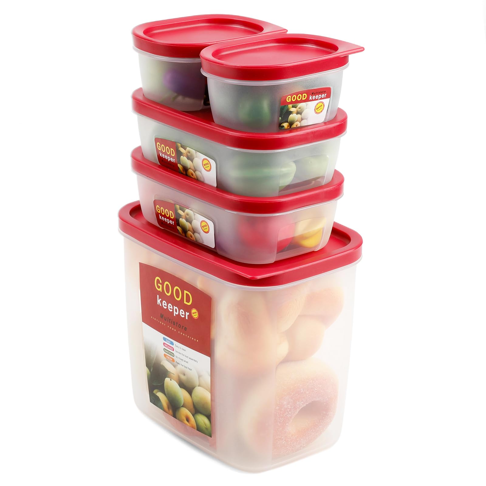 KINGBON 4 stuks voedselopslagcontainer, BPA-vrije plastic voedselcontainerset met deksels, luchtdichte nestcontainerset voor magnetron, koelkast, vaatwasmachinebestendig (rechthoekig