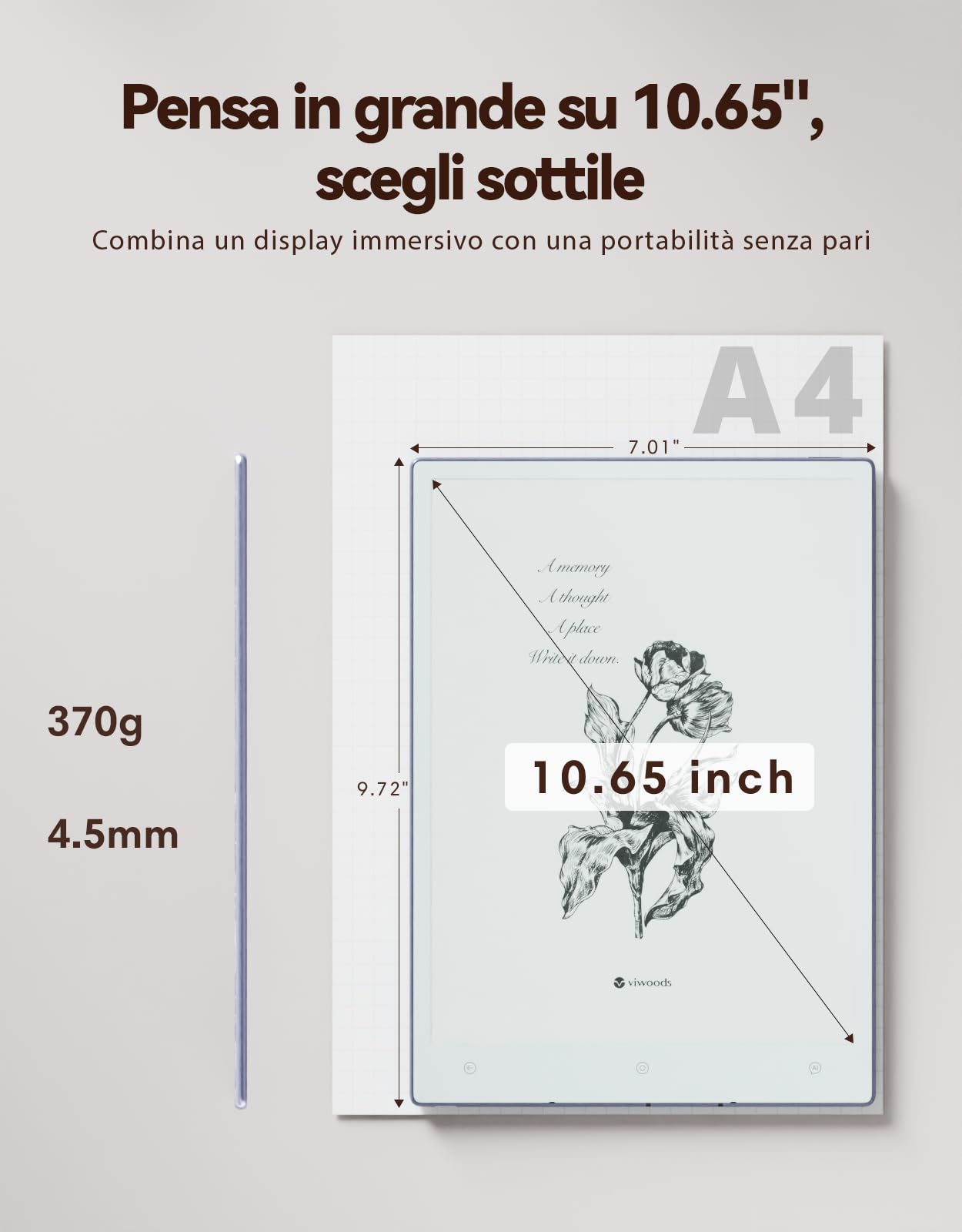 VIWOODS Bundle Aggiornato con AiPaper, Stylus Pro e 5 Punte, Carta 1300 AI E Ink Tablet, 10,65'' 300PPI Taccuino Elettronico con Penna, Ultra-Sottile 4,5mm, Leggero 370g, Dispositivo per Note da 128GB