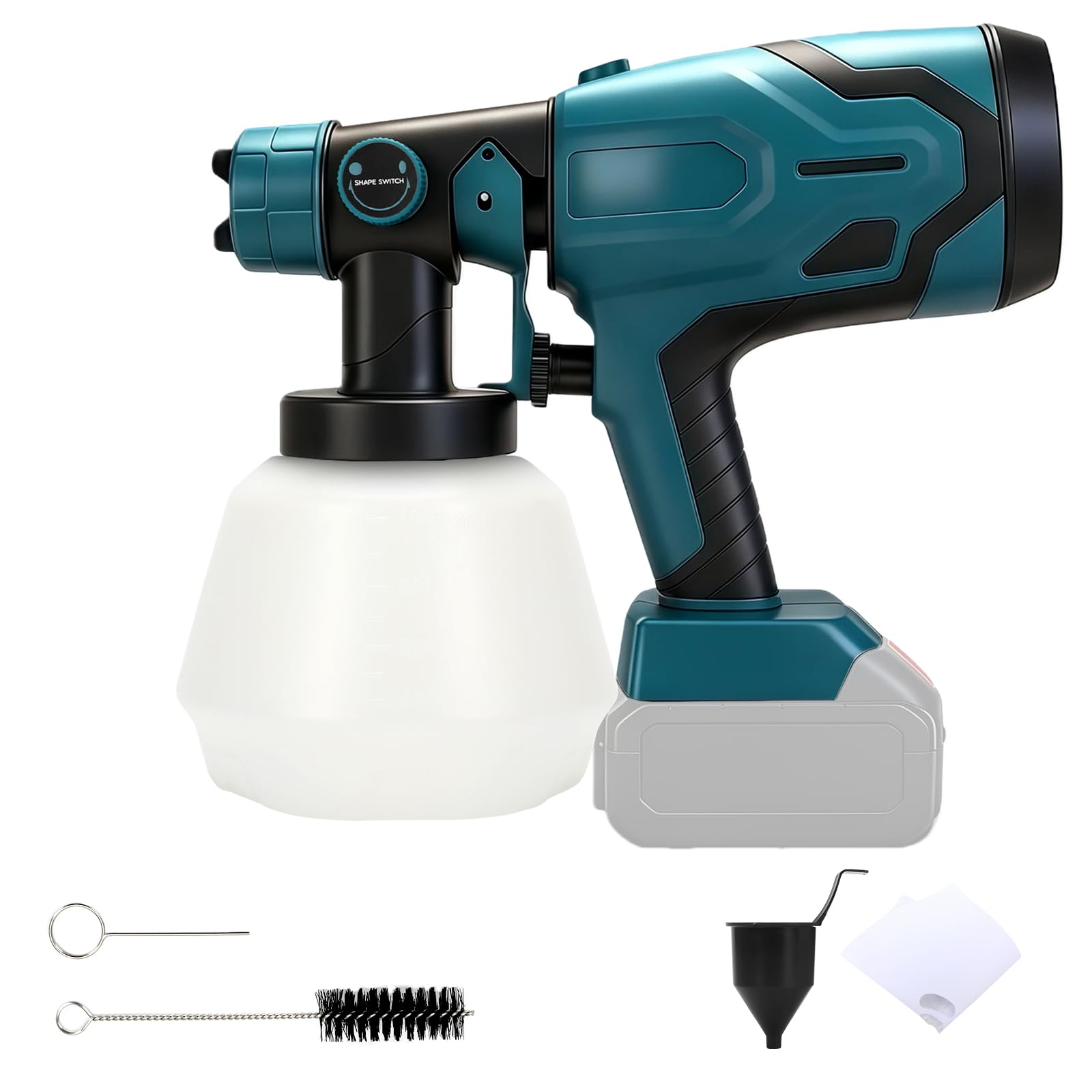 Pistola Pintura Compatible con Makita 18 V batería, HVLP Pistola de Pintura Electrica, depósito de 1000 ml,con 4 boquillas, Flujo Ajustable para Vallas, Paredes, Techos (no Batería)