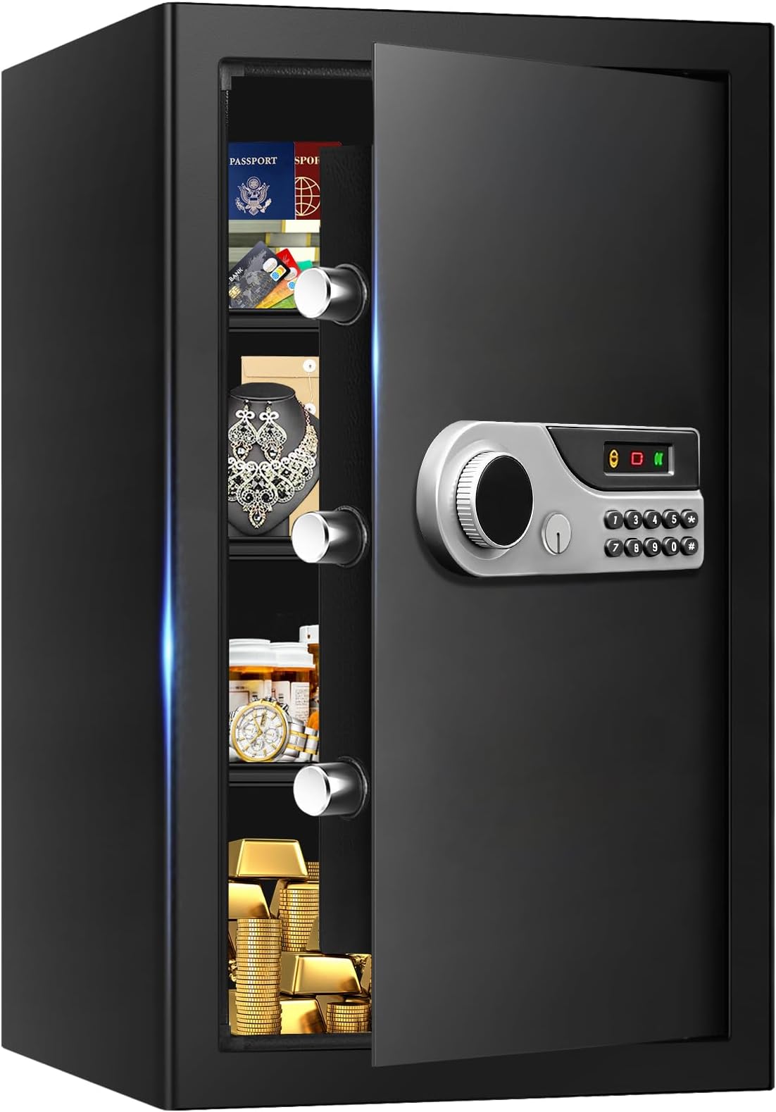 5.2 Cuft Large Fire Safes for Home, Security Safe Box Fireproof Waterproof with Digital Keypad, Key Lock and 3 Removable Shelves, Anti-Theft Fireproof Safe for Document Money Valuables