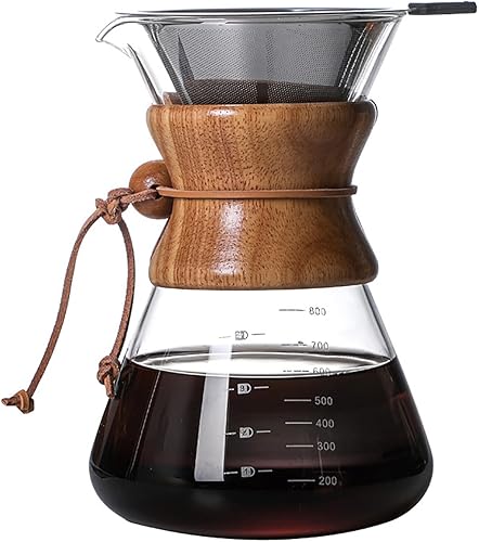Cafetera vertida con filtro de goteo de acero inoxidable reutilizable, jarra de café de vidrio de borosilicato sin plomo con collar de madera