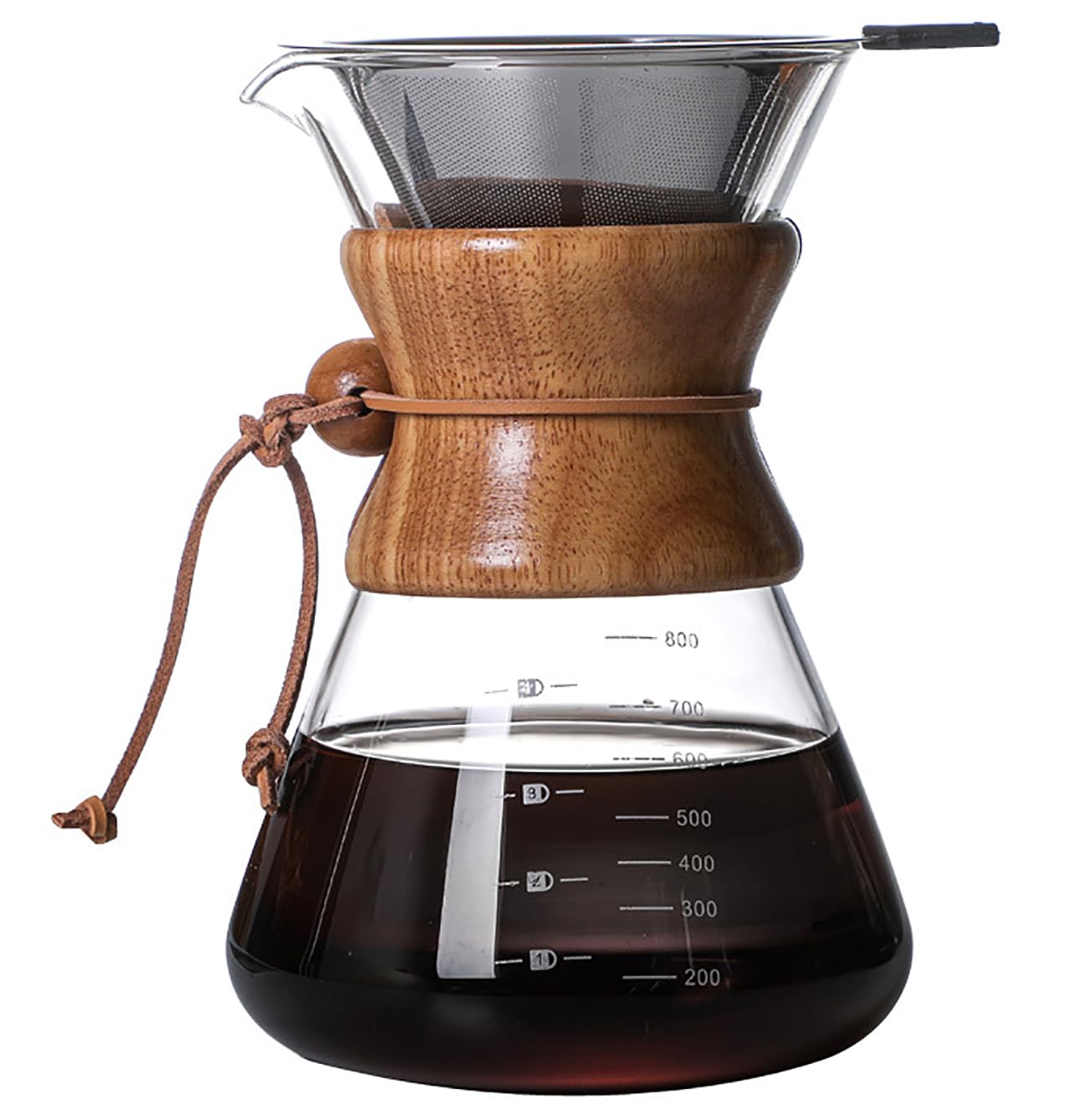 Cafetera vertida con filtro de goteo de acero inoxidable reutilizable, jarra de café de vidrio de borosilicato sin plomo con collar de madera moderno para 1-6 tazas, transparente circular