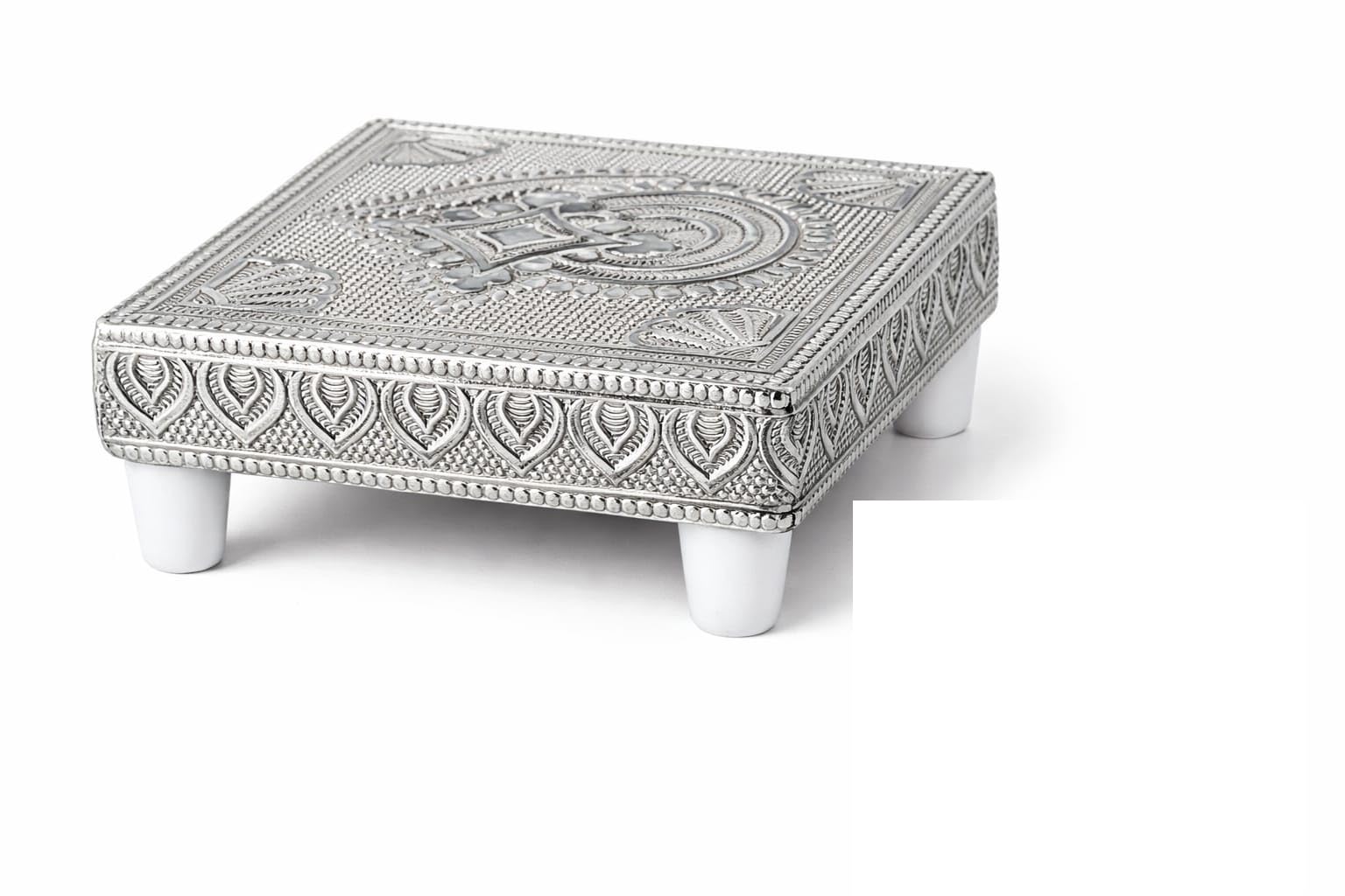 Handcrafted Silver-Plated Pooja Chowki for Mandir – 8cm x 8cm Square Decorative Pedestal Stand – Traditional Indian Bajot for Idols, Puja Room, and Festive Gifting-image-20