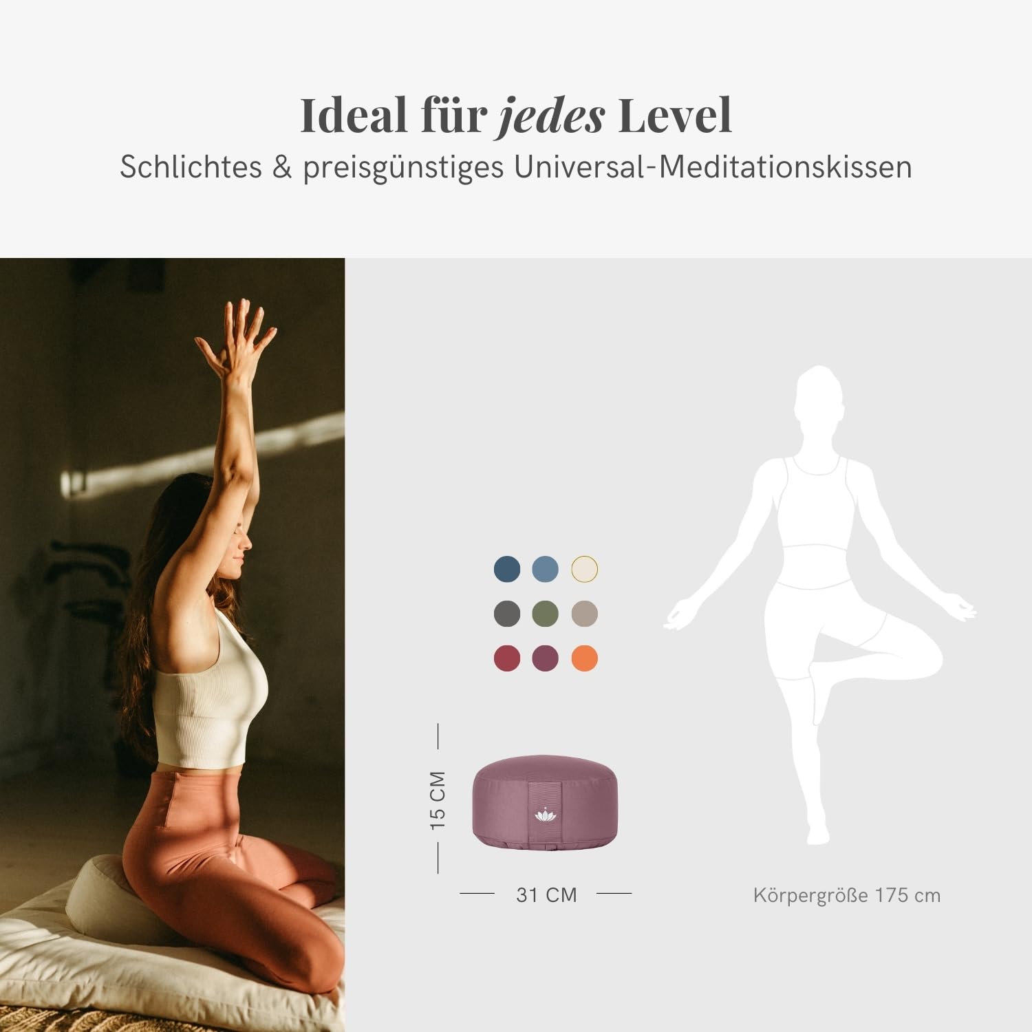 LOTUSCRAFTS® Meditationskissen mit 15cm Sitzhöhe, bestickt, Yoga Kissen mit Dinkelfüllung, Yogakissen Rund, Bodenkissen Rund, Yogakissen Meditationskissen, Bezug waschbar, GOTS zertifiziert
