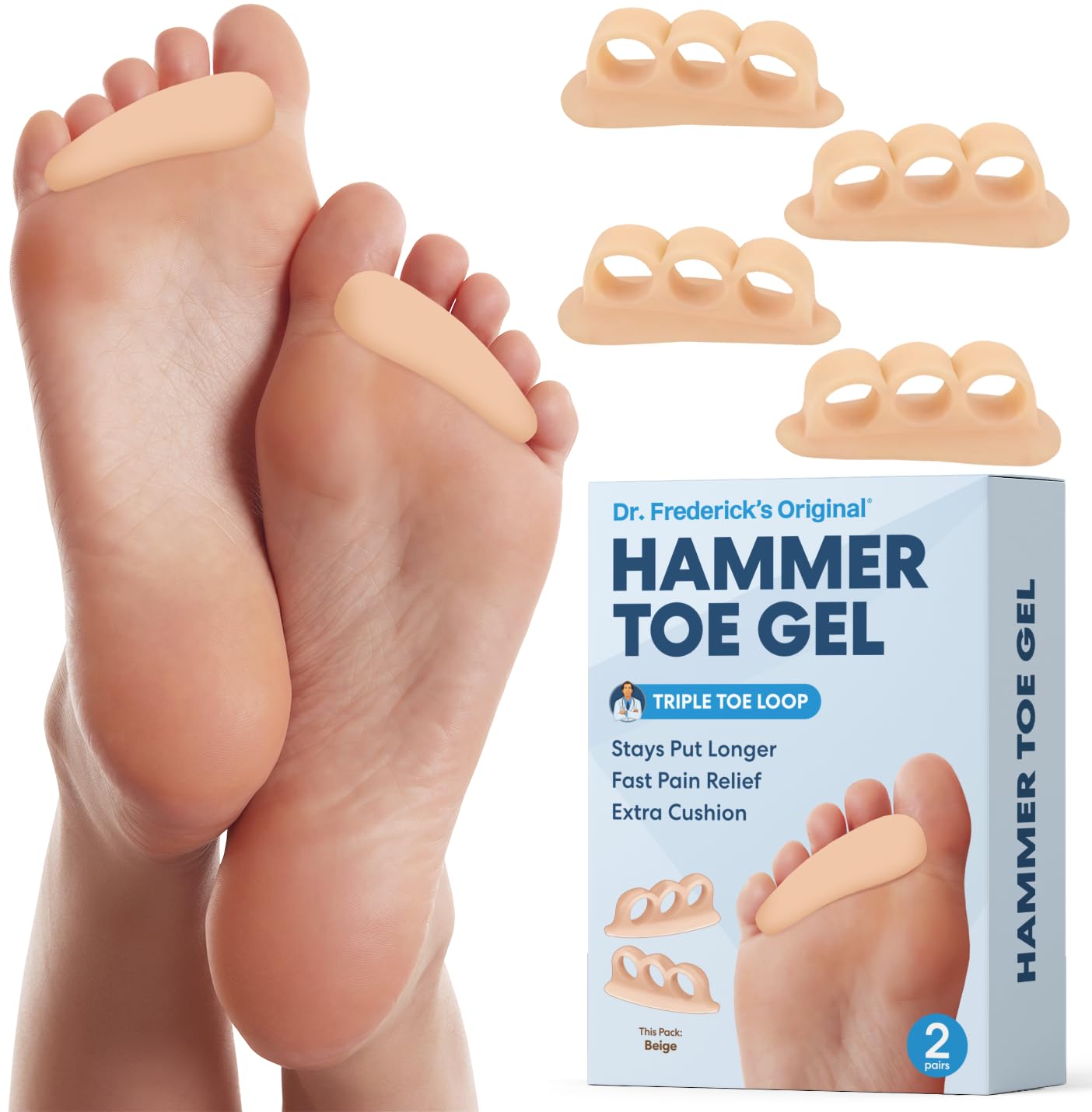 Dr. Frederick's Original Hammer Toe Corrector Gels - 2 Pairs - All-Day Relief for Crooked & Overlapping Toes - Soft Cushioning - Symptomatic Support for Toe Alignment - Beige - 3 Loop Design