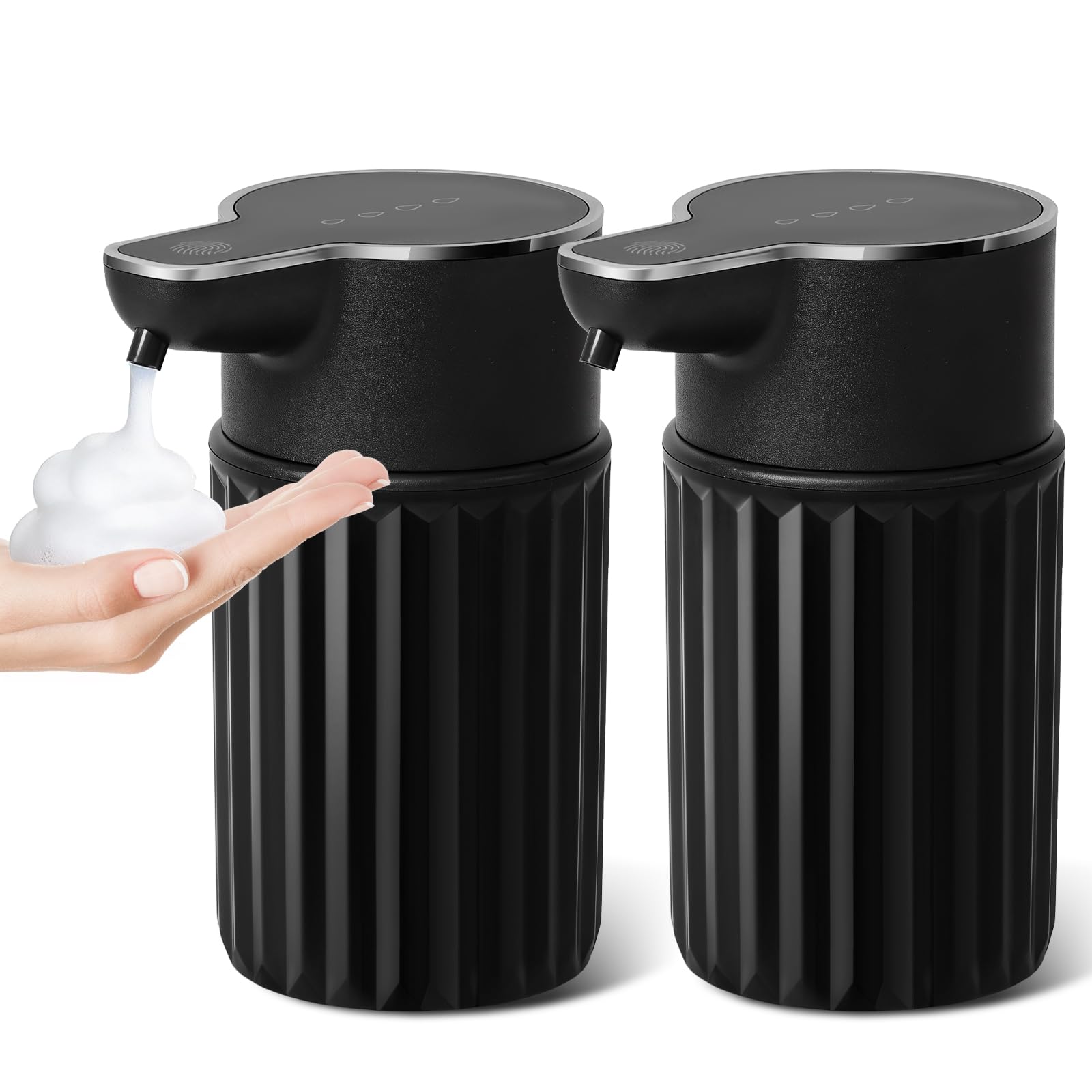 Automatic Foaming Soap Dispenser Touchless, 2 Pack Black Auto Foam Soap Dispensers for Bathroom and Kitchen, 12 Fl Oz Plastic Electric Dish Foamy Dispensers Wall Mount with 1200 mAh Battery