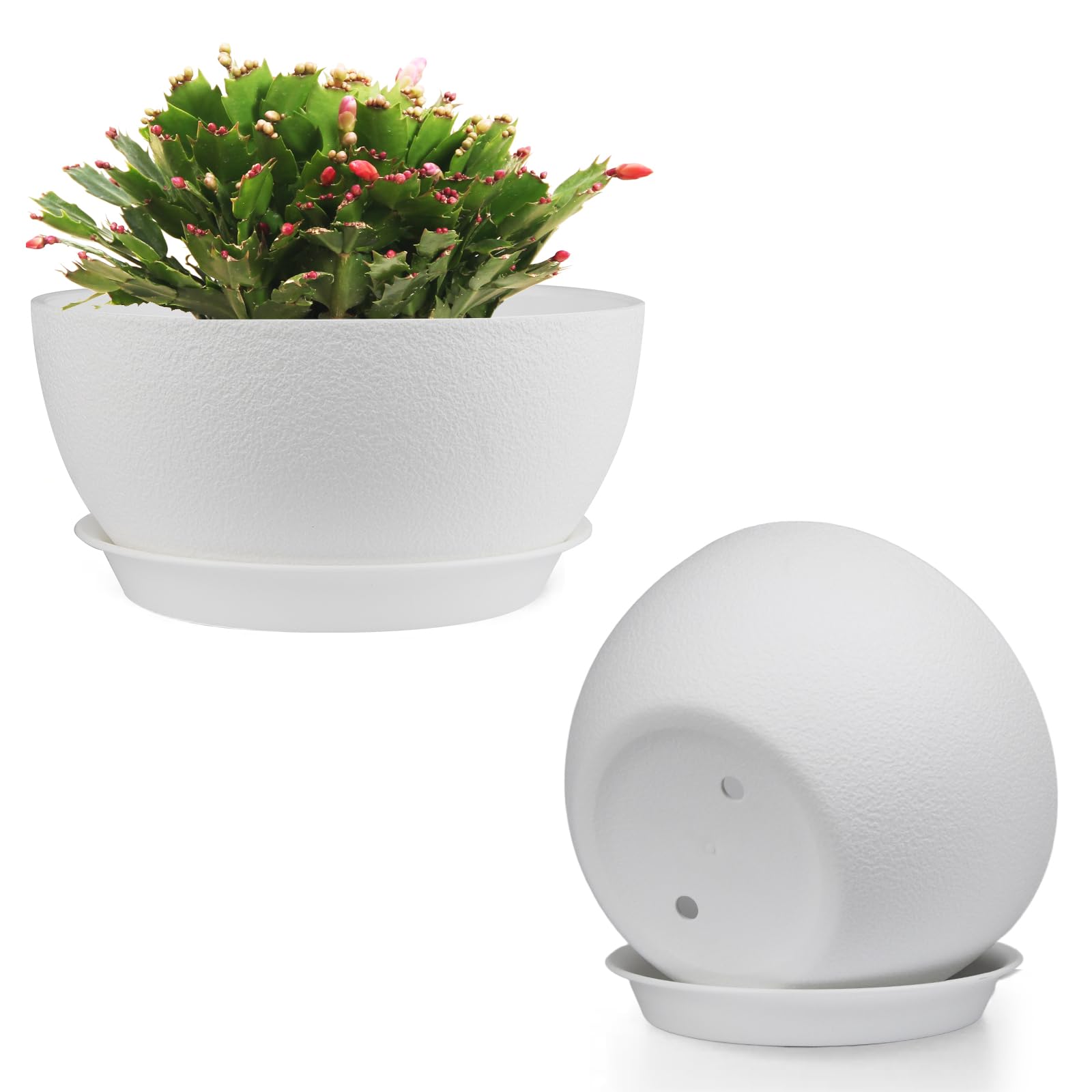 12 inch Plant Pots Pack of 2, Plastic Planter with Drainage Holes and Saucers, Plant pots for Indoor Outdoor Use, Flower Pots for All House Plants (White)