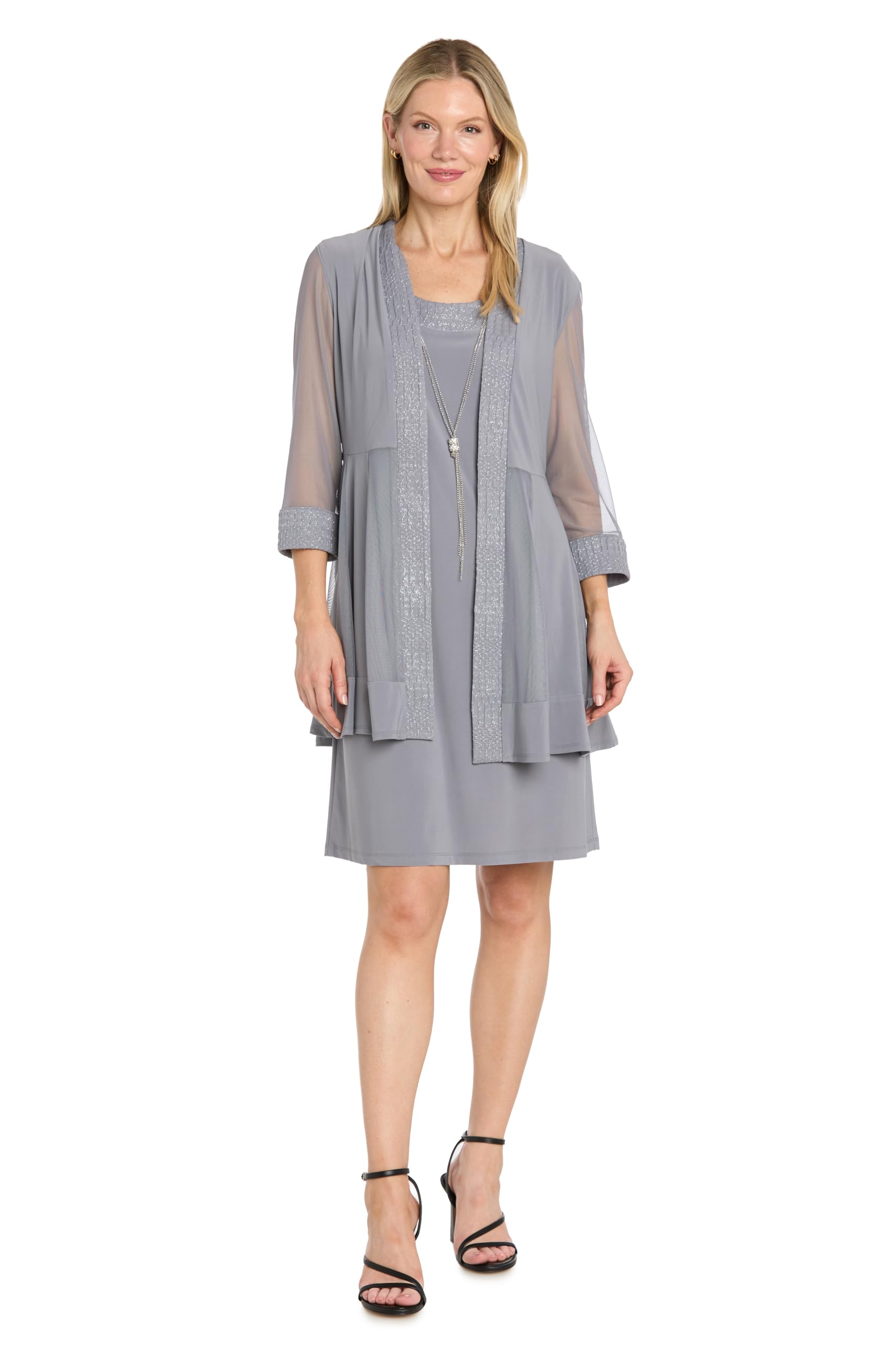 R&amp;M Richards Women's Elegant 2-Piece Shift Dress with Pleated Shimmer Duster Jacket for Mother of the Bride, Cocktail Attire