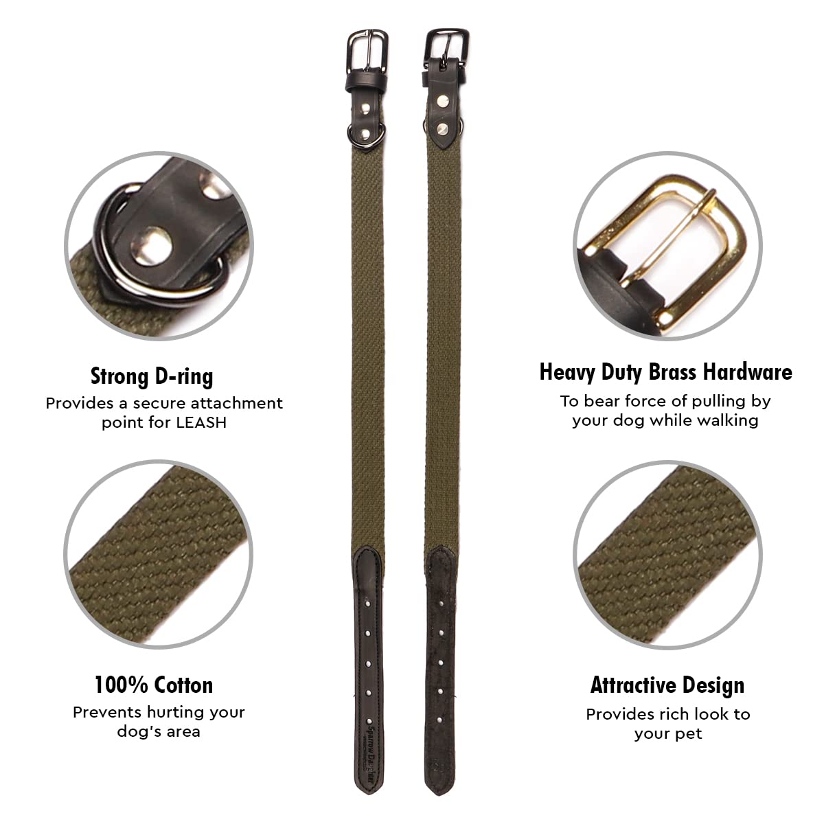 Sparrow Daughter Plain Cotton Dog Collar with Leather Reinforcement Adjustable Soft Breathable Neckbelt Heavy Duty Brass Hardware Strong D-Ring Walking Training Pets- Army Green, XL 2