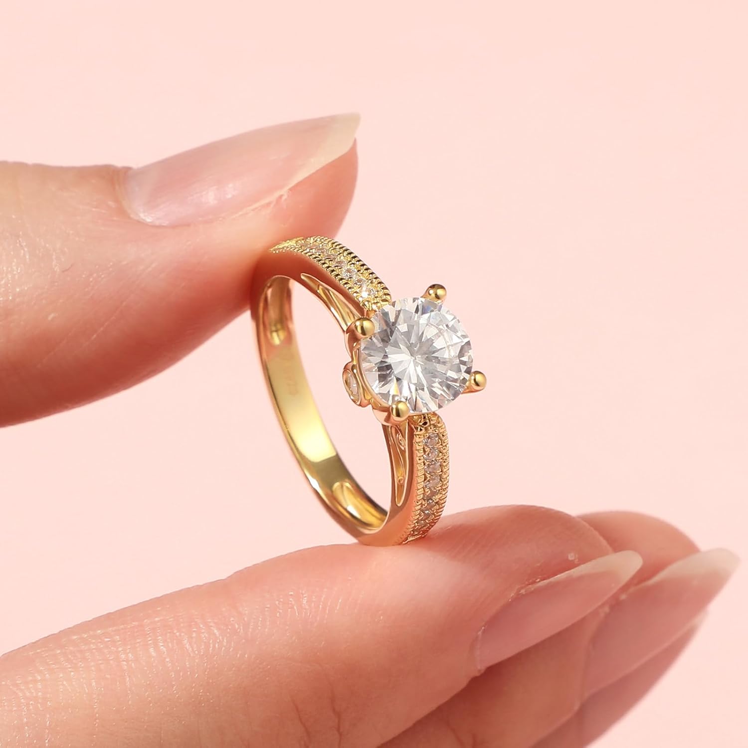 Jeulia Classic Moissanite Engagement Ring for Women; D Color Round Cut 925 Sterling Silver Wedding Ring Yellow Gold CZ Anniversary Promise Rings for Her with Jewelry Gift Box - Image 7